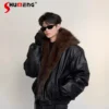 Fashion Large Faux Fur Collar Solid Color Parkas Men 2025 Winter New Warm Long Sleeve Thick Coats Handsome Faux Leather Jackets