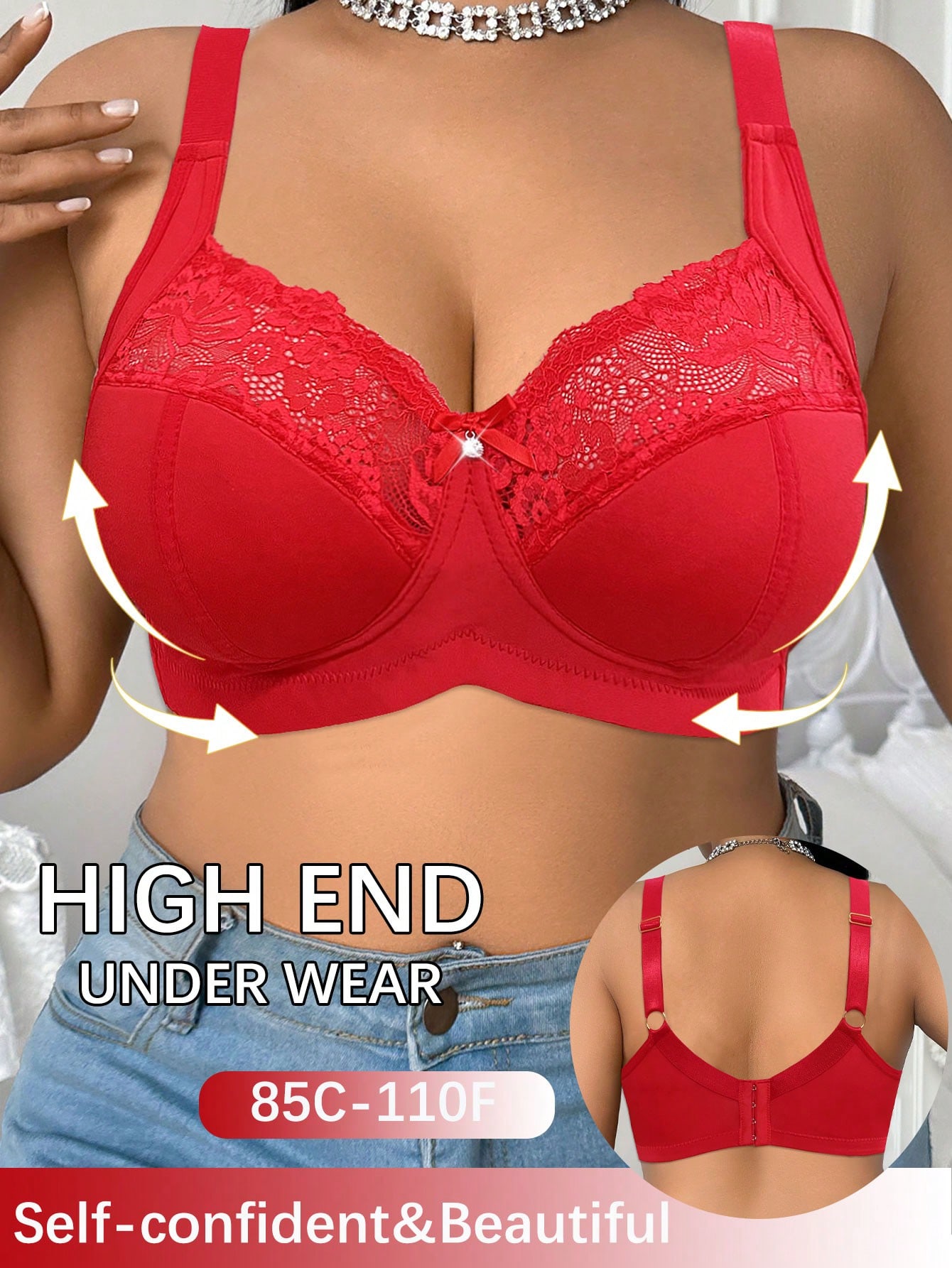 DesireSculpt 1pc Plus Size Lace Patchwork Wireless Bra - Image 2