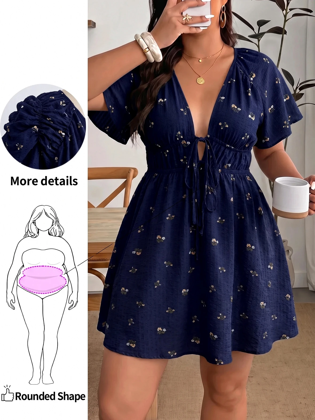 Enliva Plus Size Women's V-Neck A-Line Ruffle Sleeve Dress, Loose Fit, Summer Short Sleeve, Printed, Vacation, Church Airport Holiday Casual Teacher Outfit - Color 1
