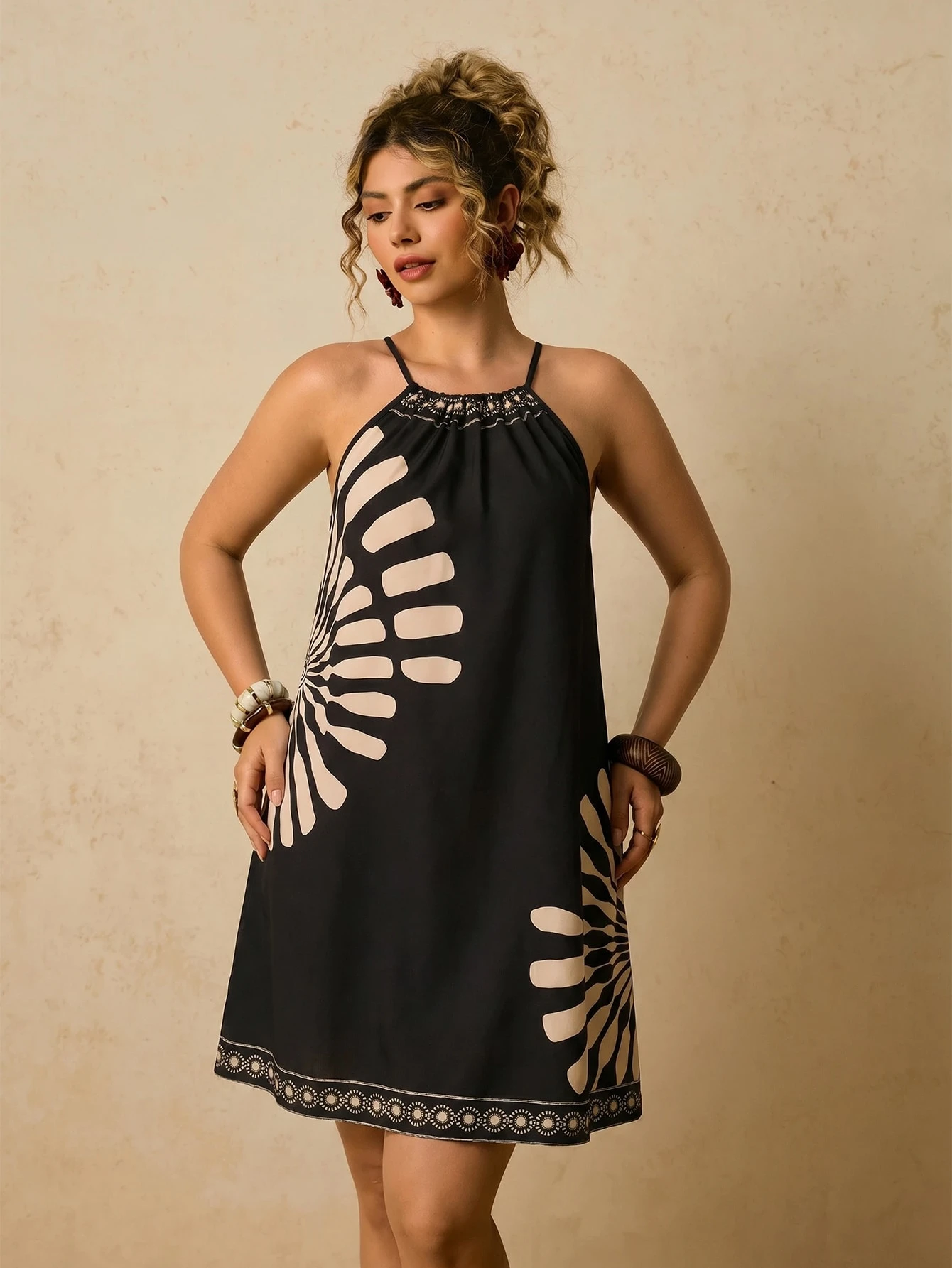 Travachic Plus Size Sleeveless Full Print Halter Summer Dress Graduation Vacation Derby Tropical Outfits For Women Country Concert Rave Festival Nashville