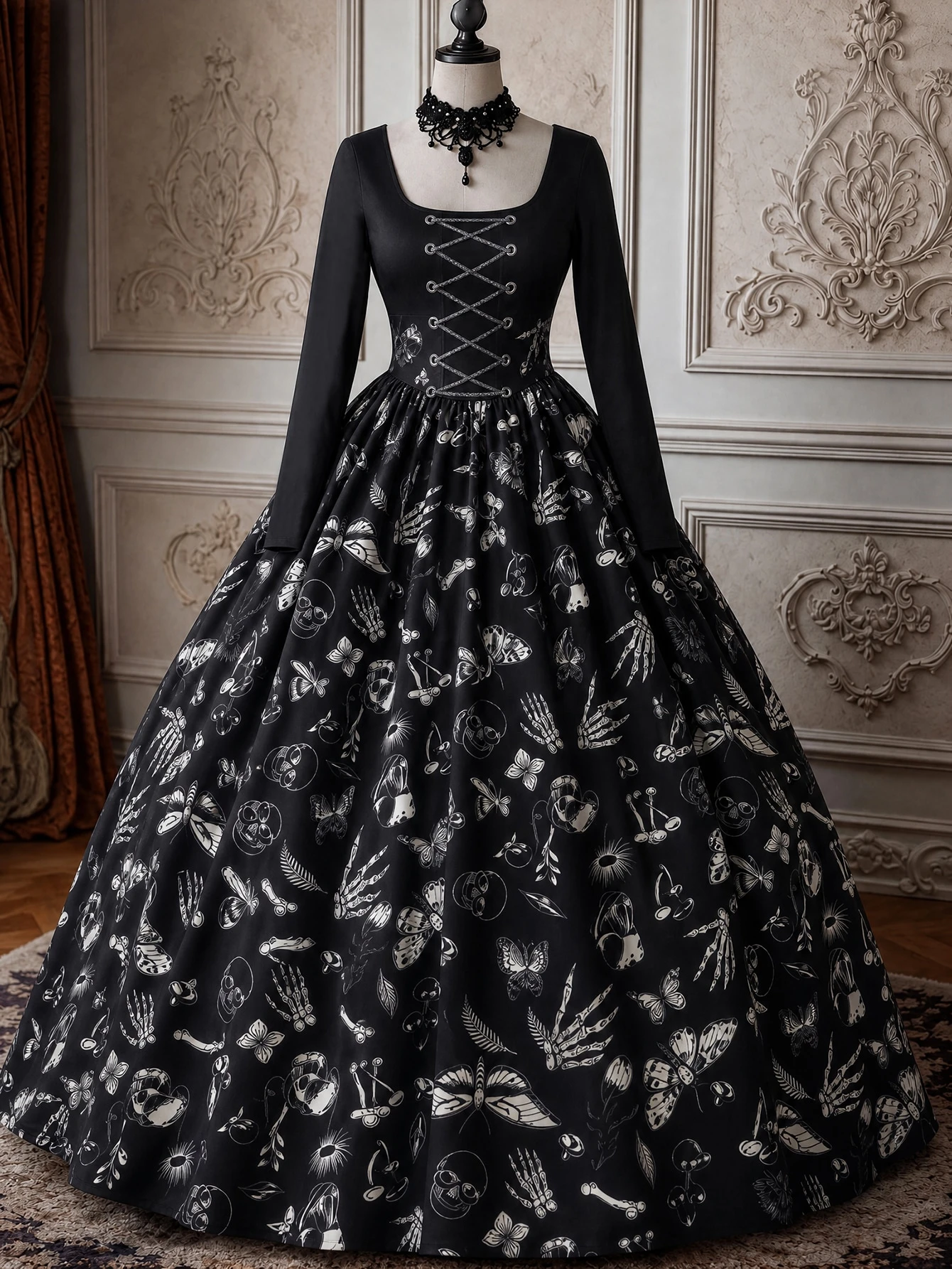 DreamSkyne Plus Size Women's Elegant Goth Celestial Dark Print Day Of The Dead Long Sleeve Dress Evening Party Wedding Guest Black And White Autumn