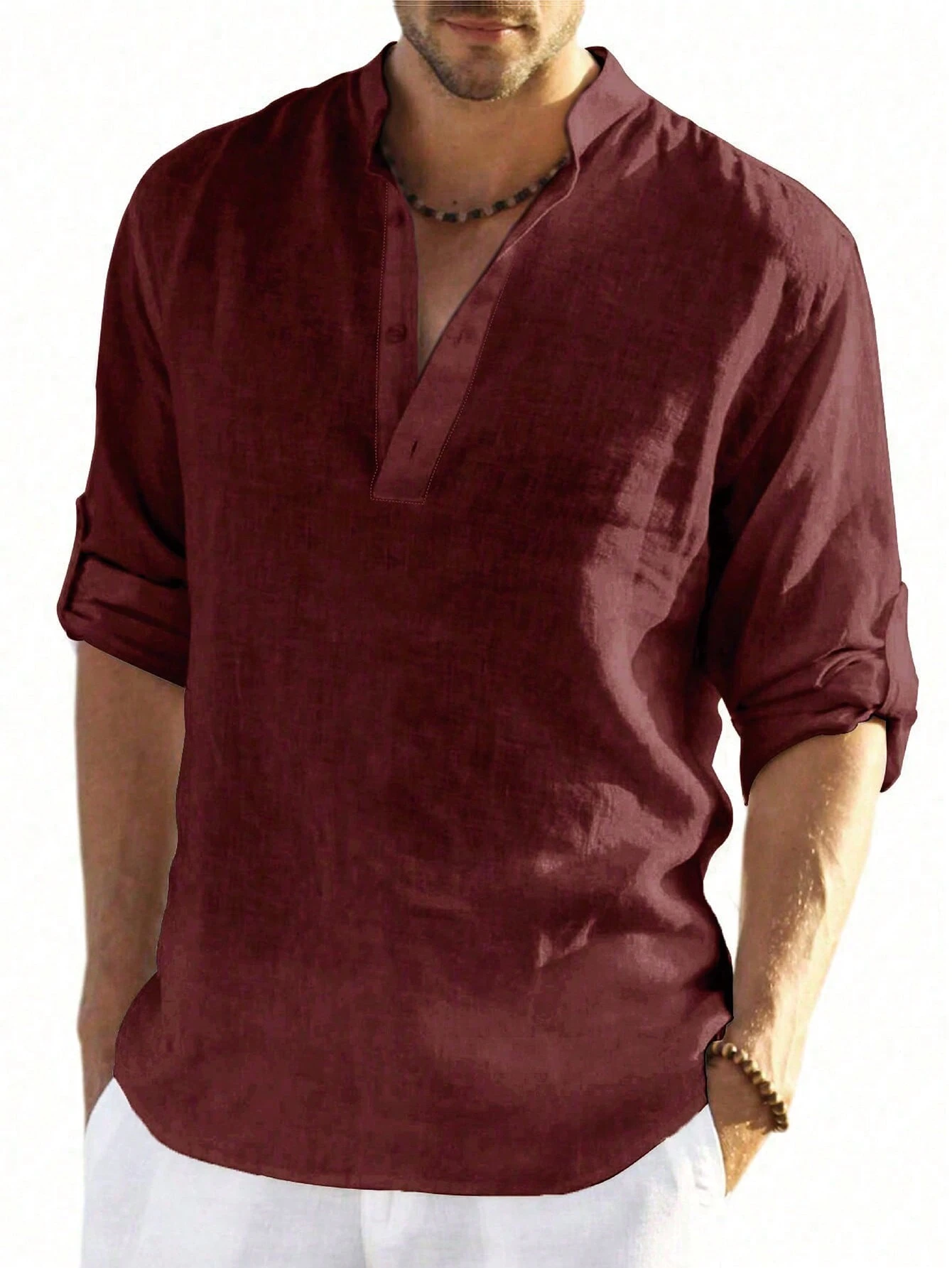 Plus Size Men's Vintage Style Solid Color Turndown Collar Shirt, Made Of Linen Fabric, Suitable For All Seasons, Especially Suitable For Autumn