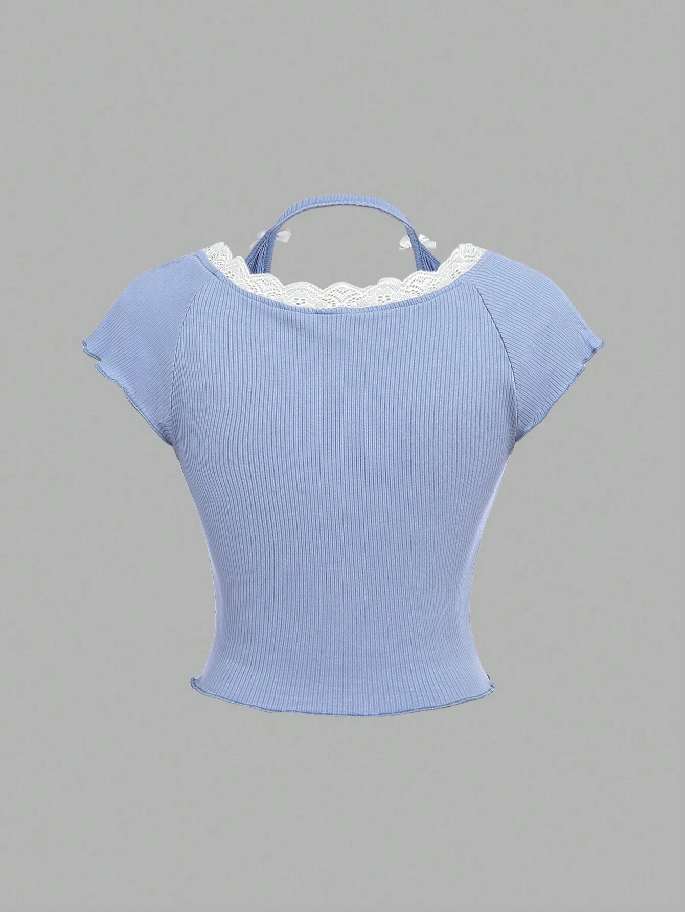 SHEIN Girlism Teen Girl Knitted Halter Neck Lace Trimmed 2 In 1 Short T-Shirt
