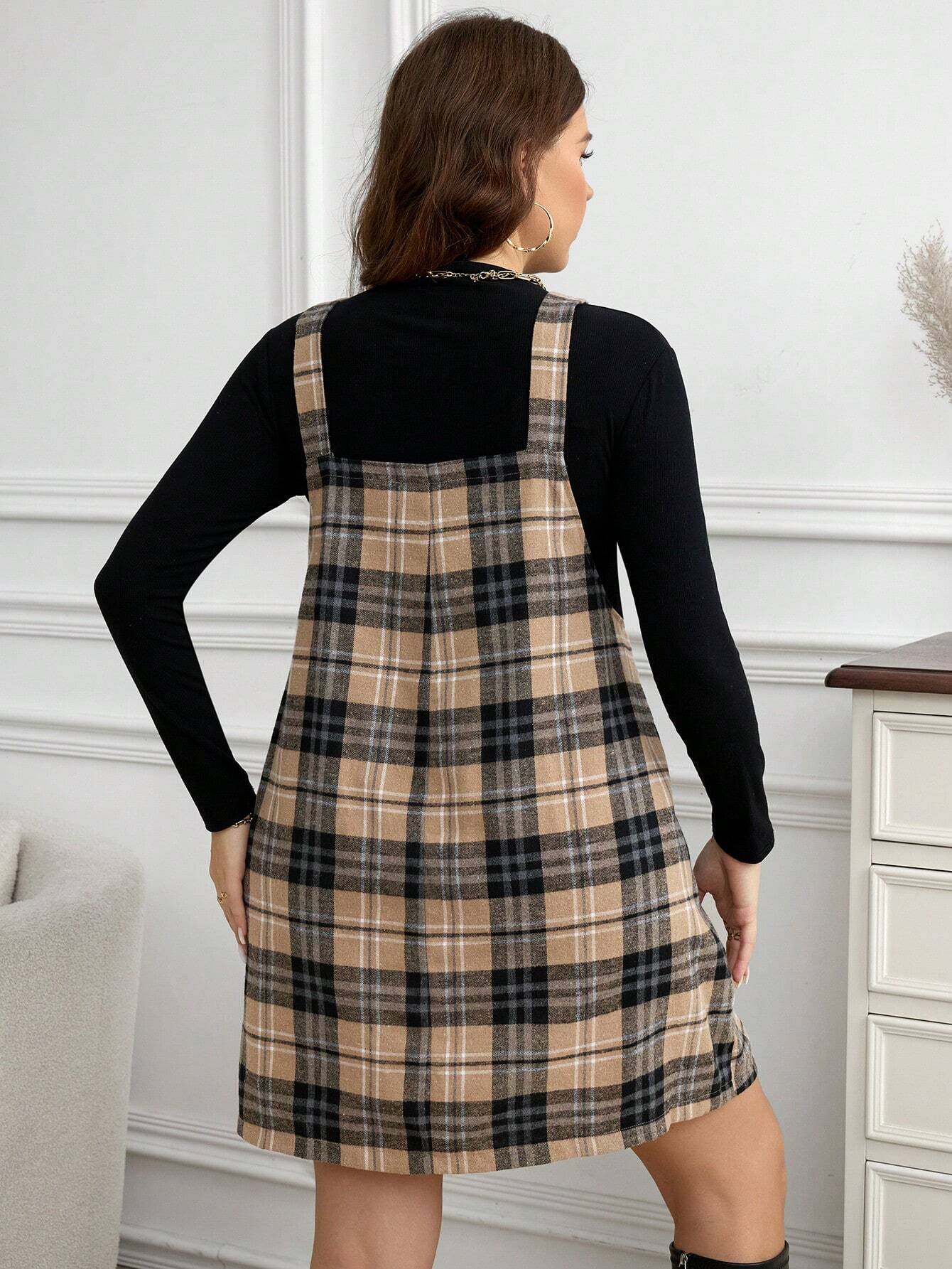 LUNE Plus Size Loose Strap Button Pocket Plaid Casual Elegant 1950s Vintage 1920s 90s Mini Dress Summer For Women Black Khaki Graduation Formal Club
