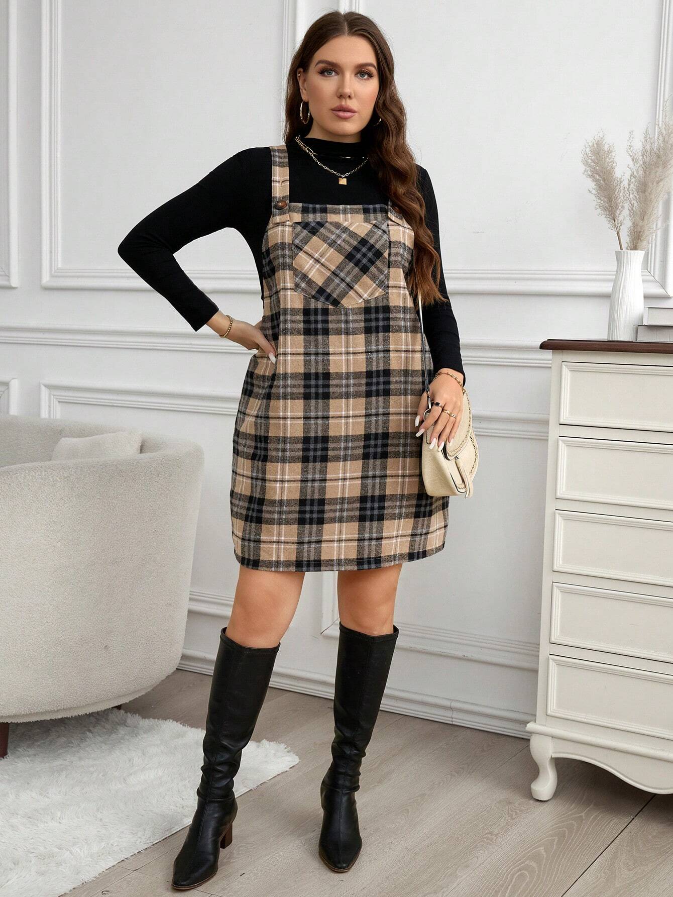 LUNE Plus Size Loose Strap Button Pocket Plaid Casual Elegant 1950s Vintage 1920s 90s Mini Dress Summer For Women Black Khaki Graduation Formal Club