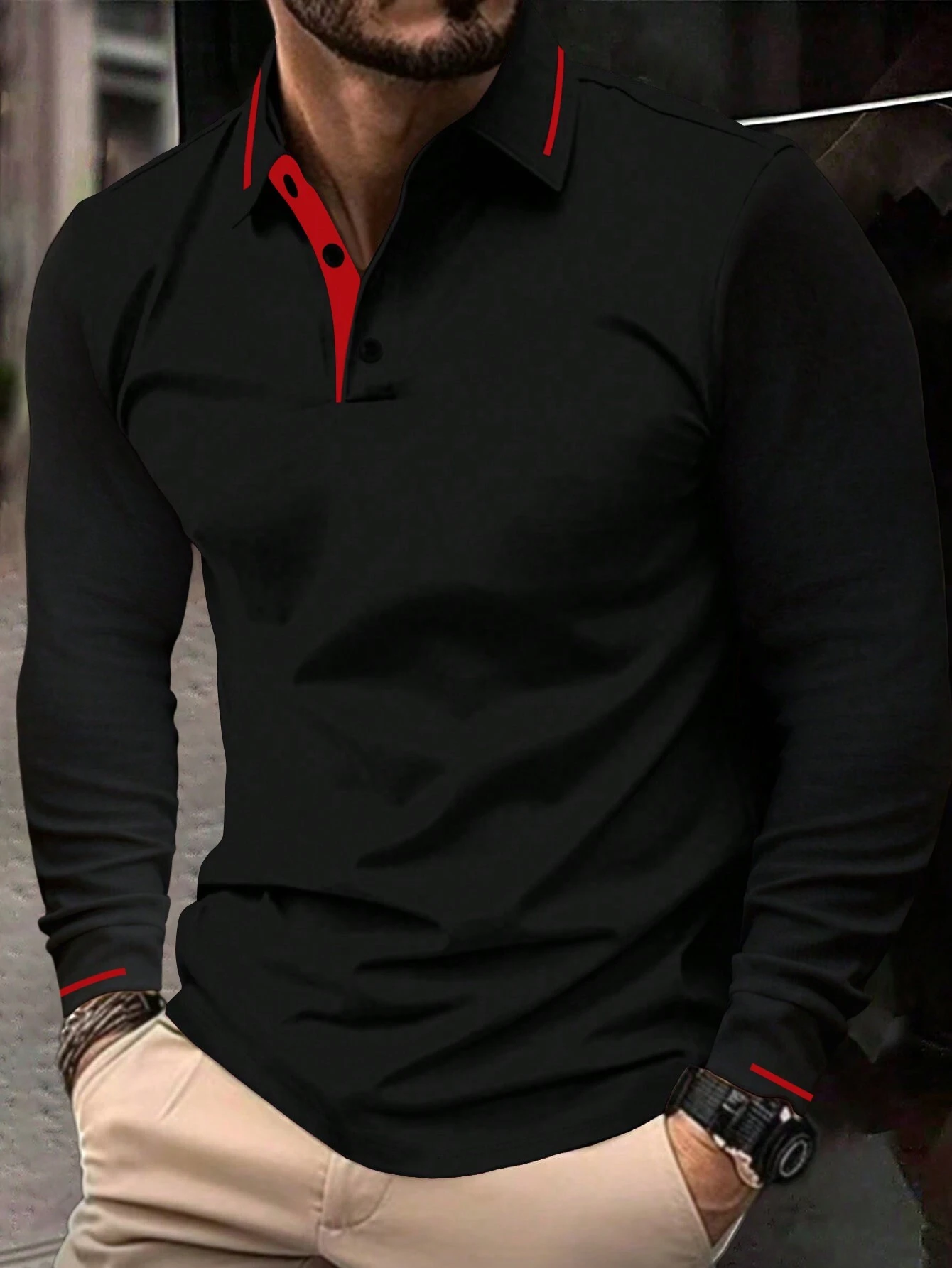 1pc Fashion Casual Men's Solid Color Button-Up Collar Thin Long Sleeve Polo Shirt, Suitable For Spring And Autumn Daily Lightweight Wear
