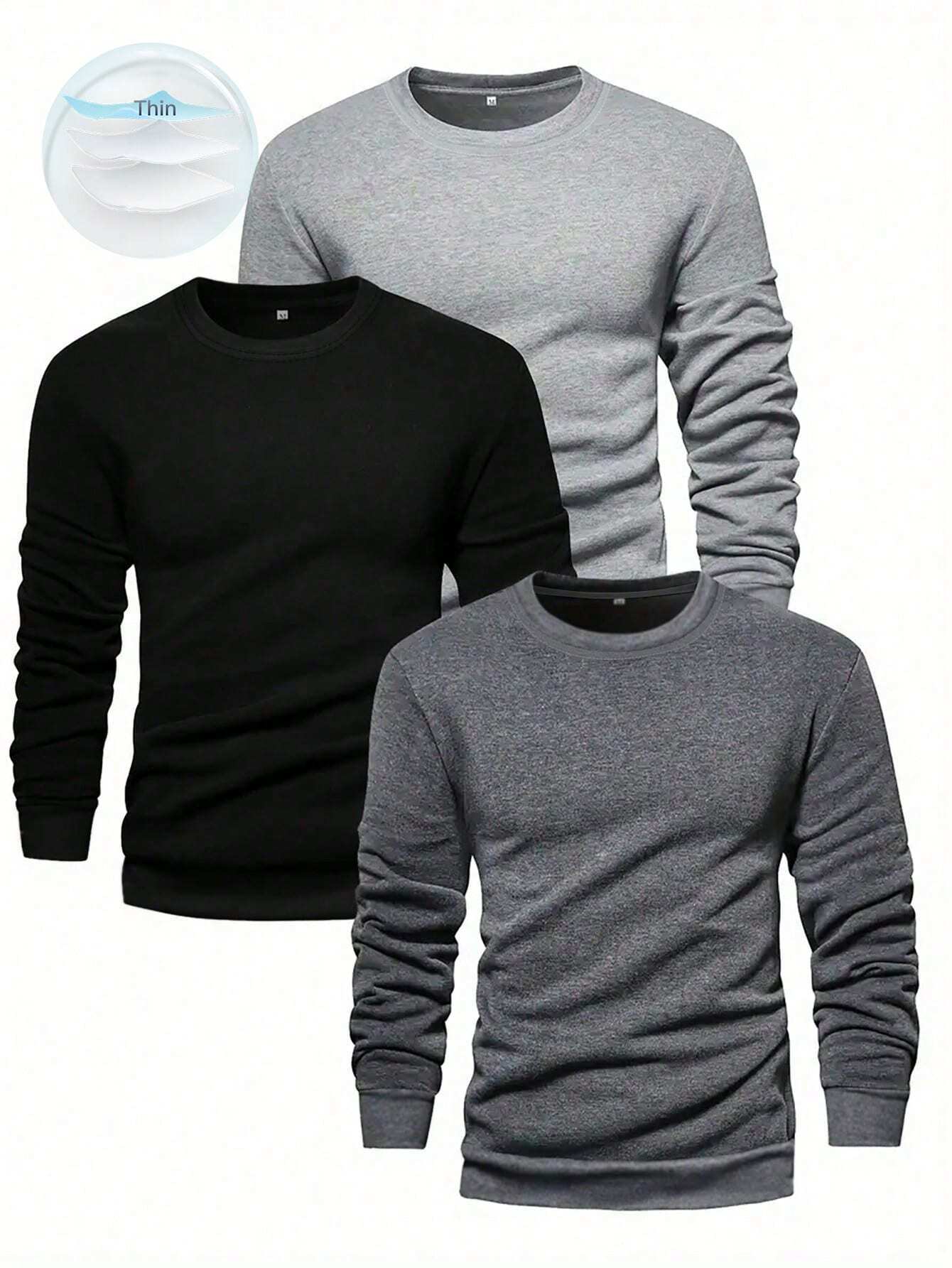 Manfinity Homme Men's 3Pcs Round Neck Long Sleeve Plain Casual Workout Sweatshirt, Boyfriend Gift,