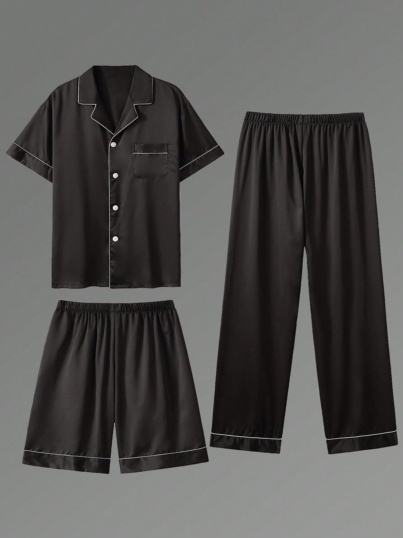 3pcs Men's Fashion Casual Short Sleeve Shorts And Pants Pajama Set - Black