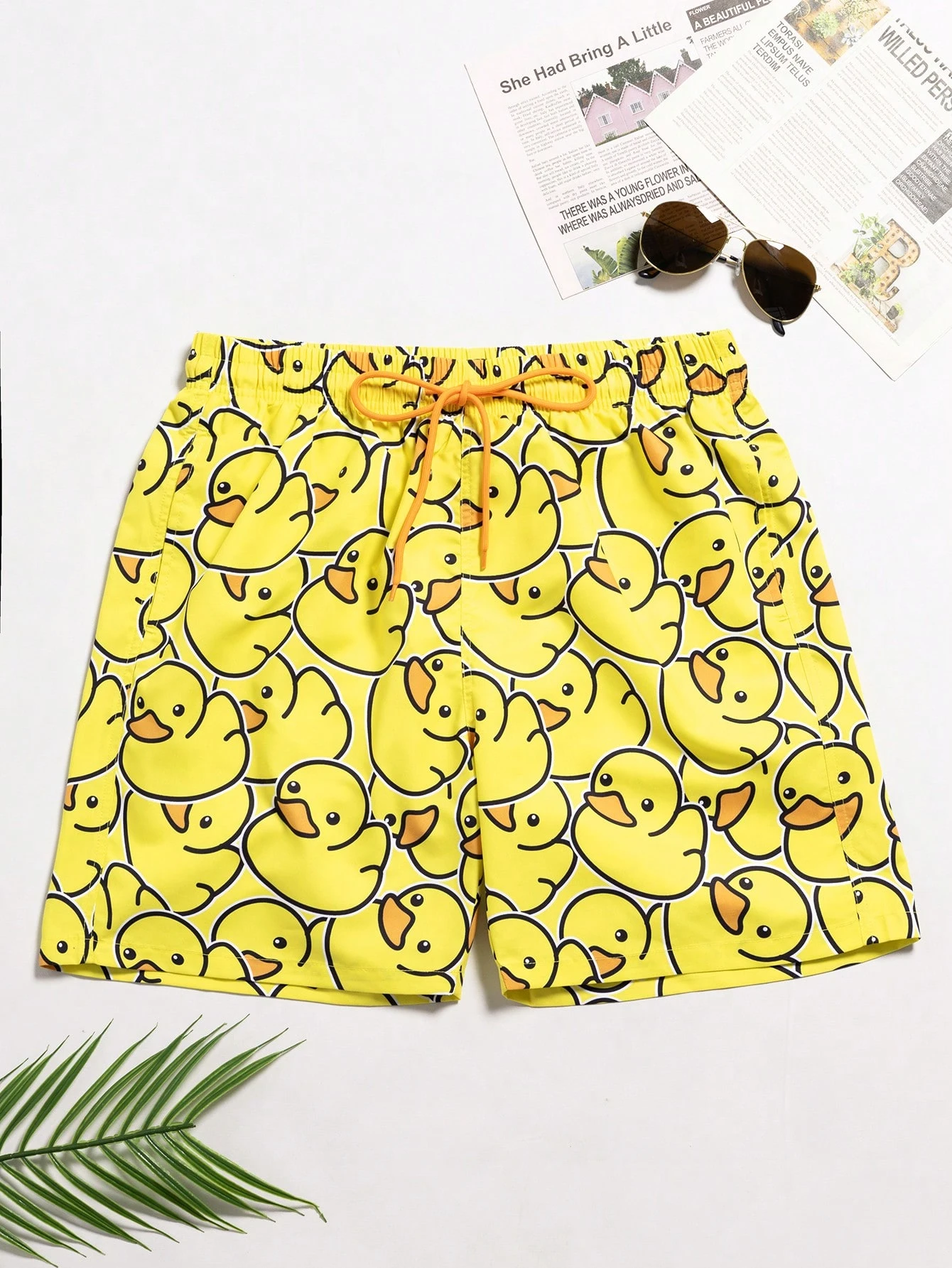 Manfinity KASUA Men's Yellow Duck Print Beach Shorts Men Swim Trunks, Hawaiian, Holiday