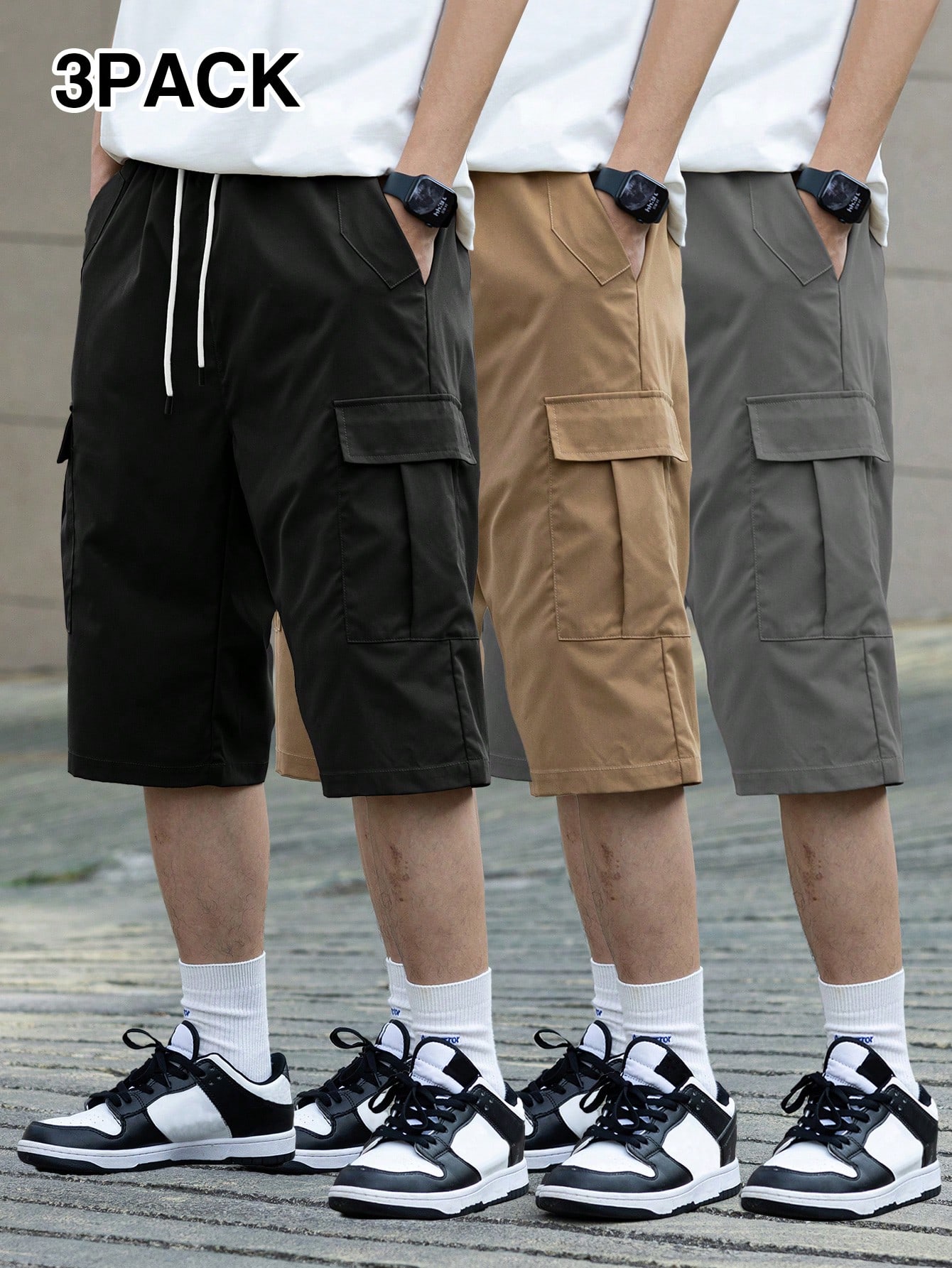 Manfinity Roghcode 3 Packs Men's Solid Color Drawstring Waist Wide Leg Loose Casual Shorts,Multi-Pocket Work Shorts,Black Summer Hiking Casual Shorts For Travel,School