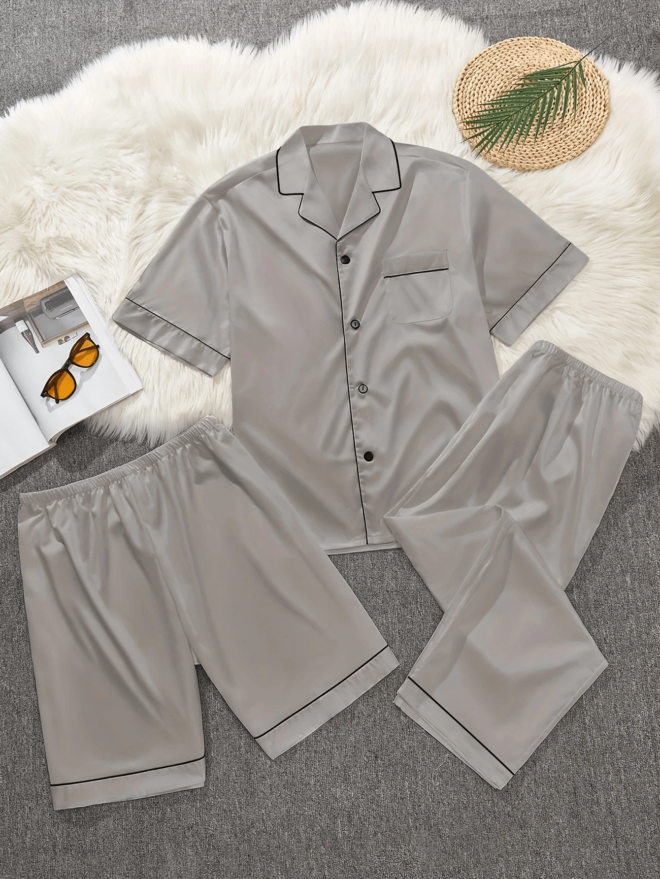 3pcs Men's Fashion Casual Short Sleeve Shorts And Pants Pajama Set
