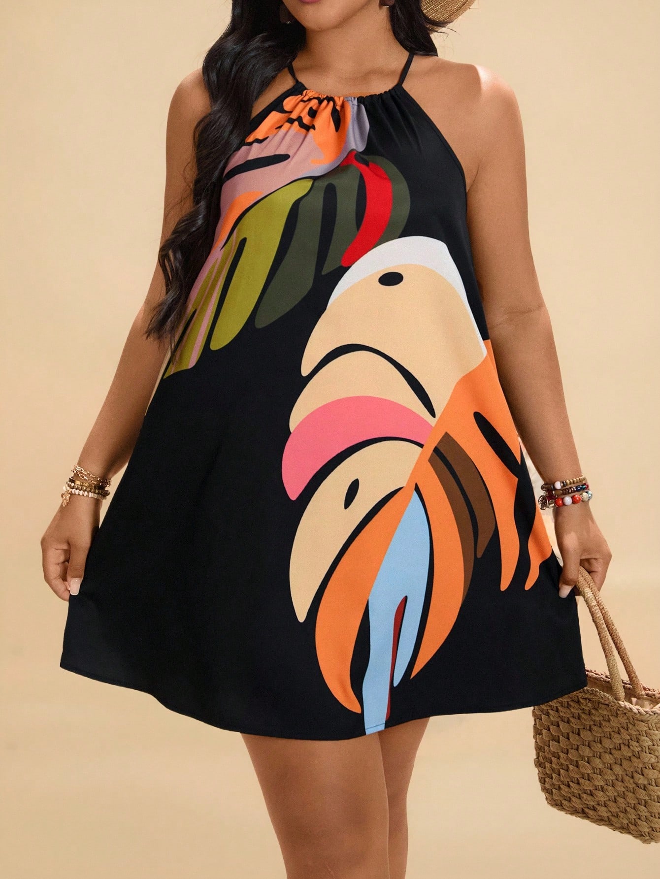 Travachic Plus Size Sleeveless Full Print Halter Summer Dress Graduation Vacation Derby Tropical Outfits For Women Country Concert Rave Festival Nashville