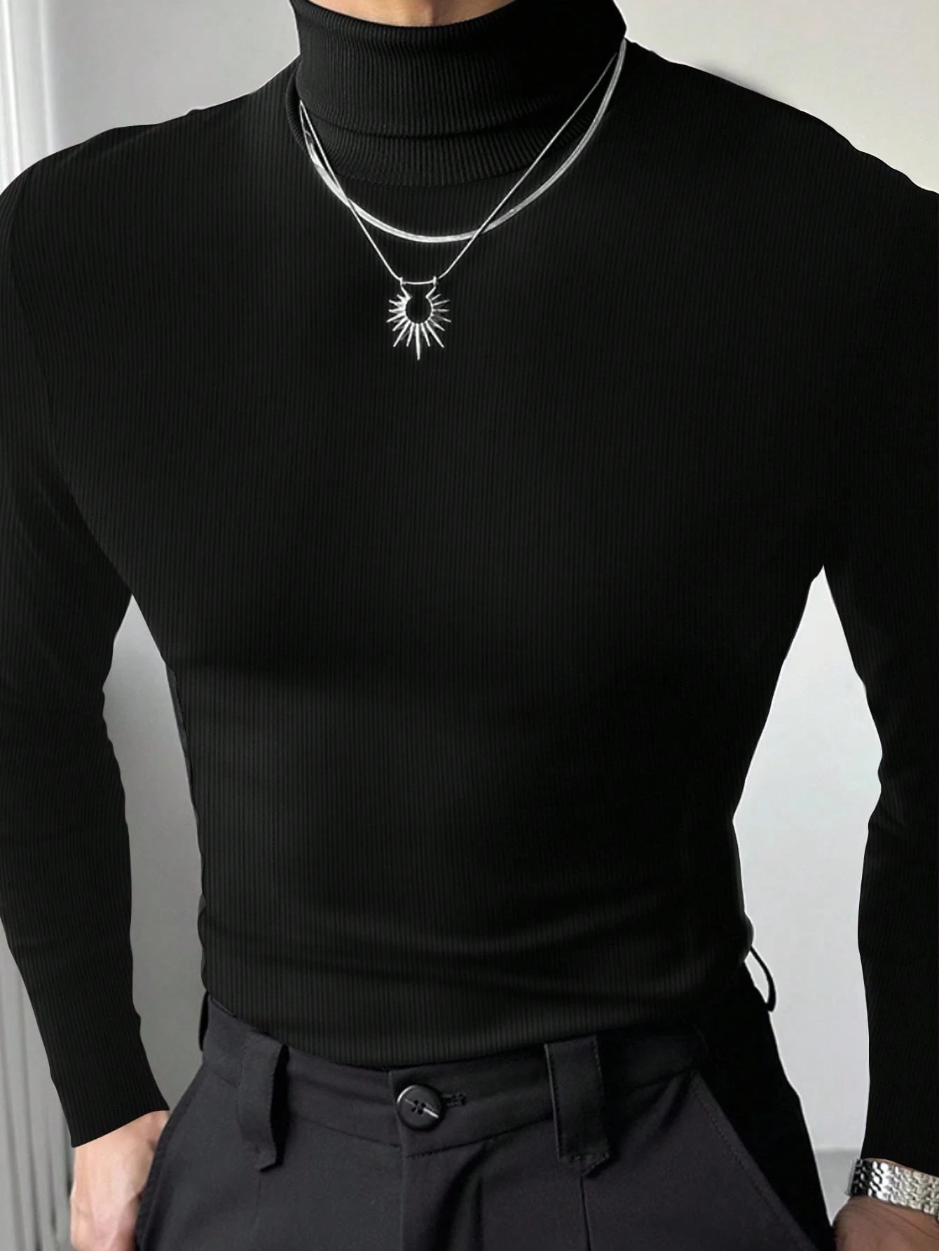 Manfinity Dauomo Men's Casual Smart Simple Solid Color Turtleneck Slim Fit Long Sleeve T-Shirt, Autumn/Winter, Fall Vacation Holiday Black