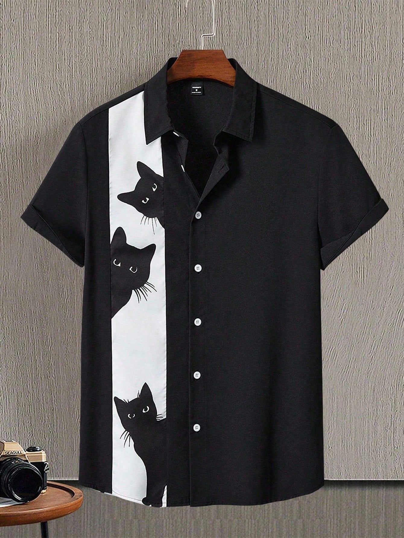 Manfinity Homme Men's Casual Cat Print Graphic Short Sleeve Shirt Collar Top, For Going Out