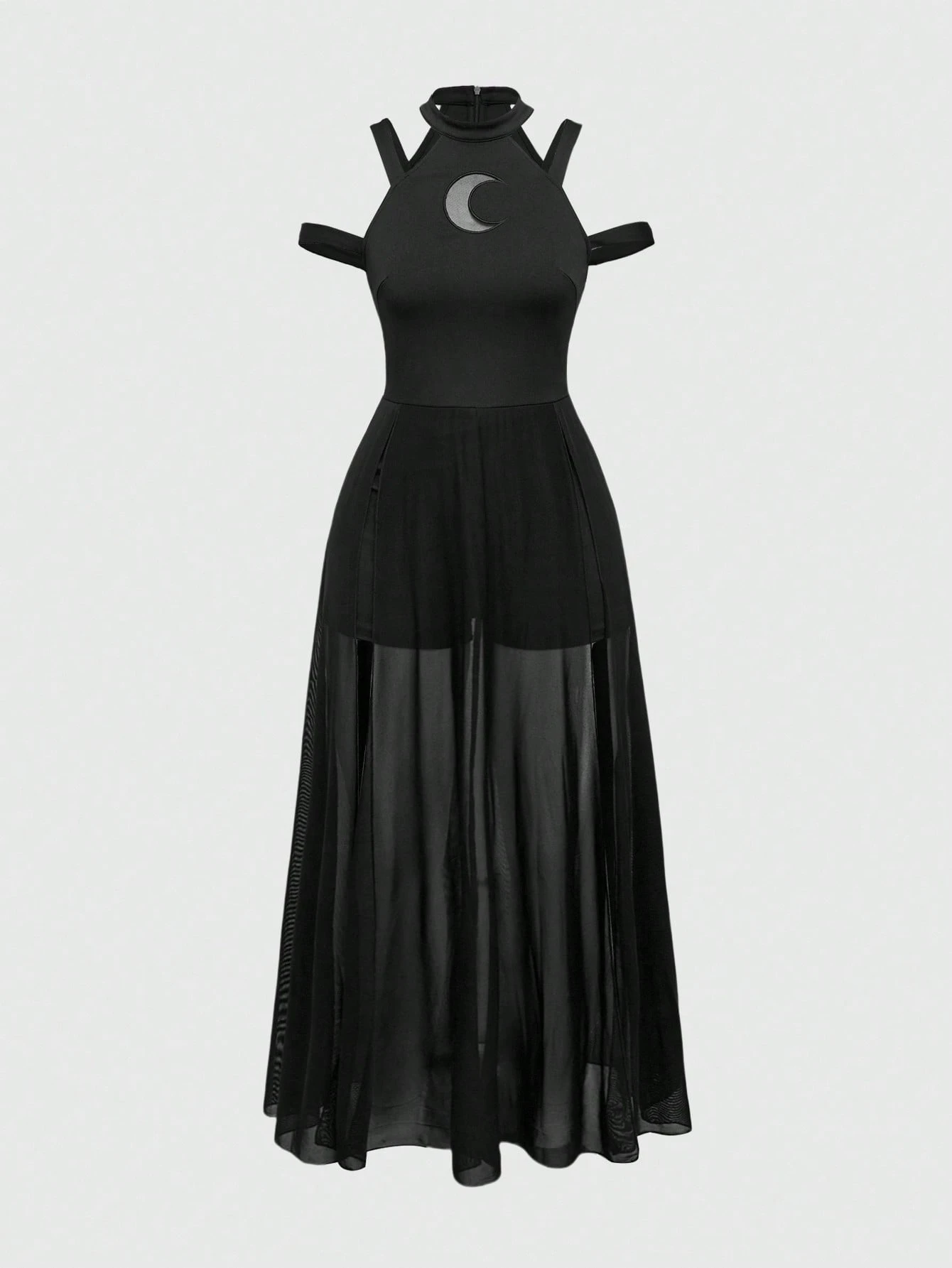 ROMWE Women Plus Size Spring Summer Shorts Lining 1pc Gothic Moon Hollow Mesh Splicing Cut Out Open Shoulder Sheer Dress