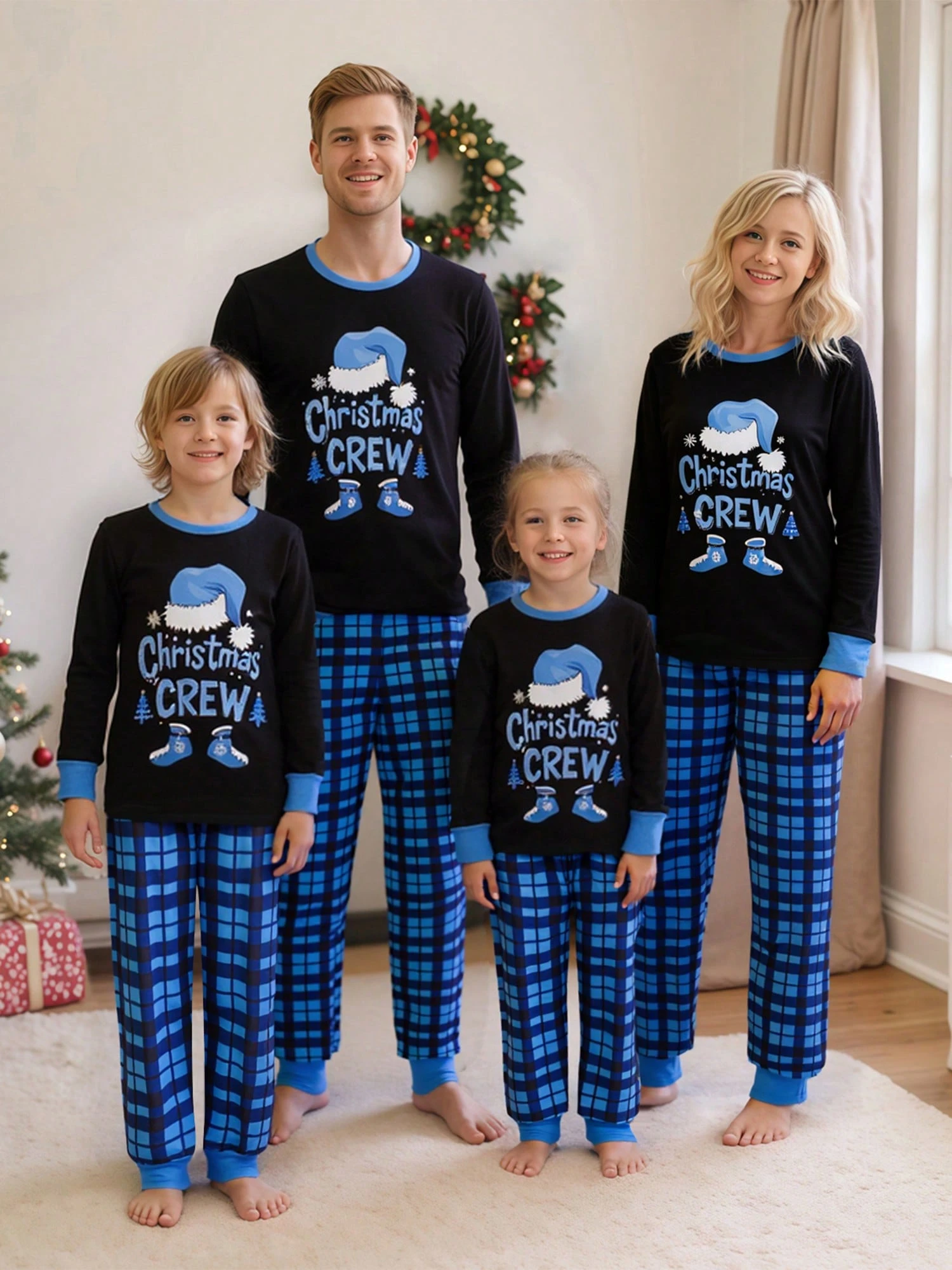 Family Matching Christmas Pajamas Set Plaid And Letter Print Holiday Pajamas Sleepwear Dad Mom S PJs - Black