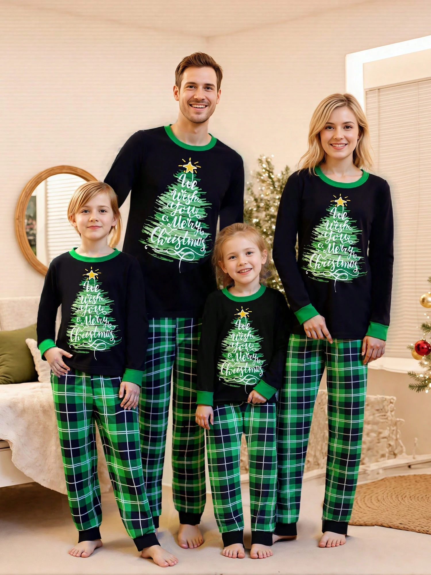 Family Matching Christmas Pajamas Set Tree Letter Plaid Print Holiday Pajamas Sleepwear Dad Mom PJs - Green