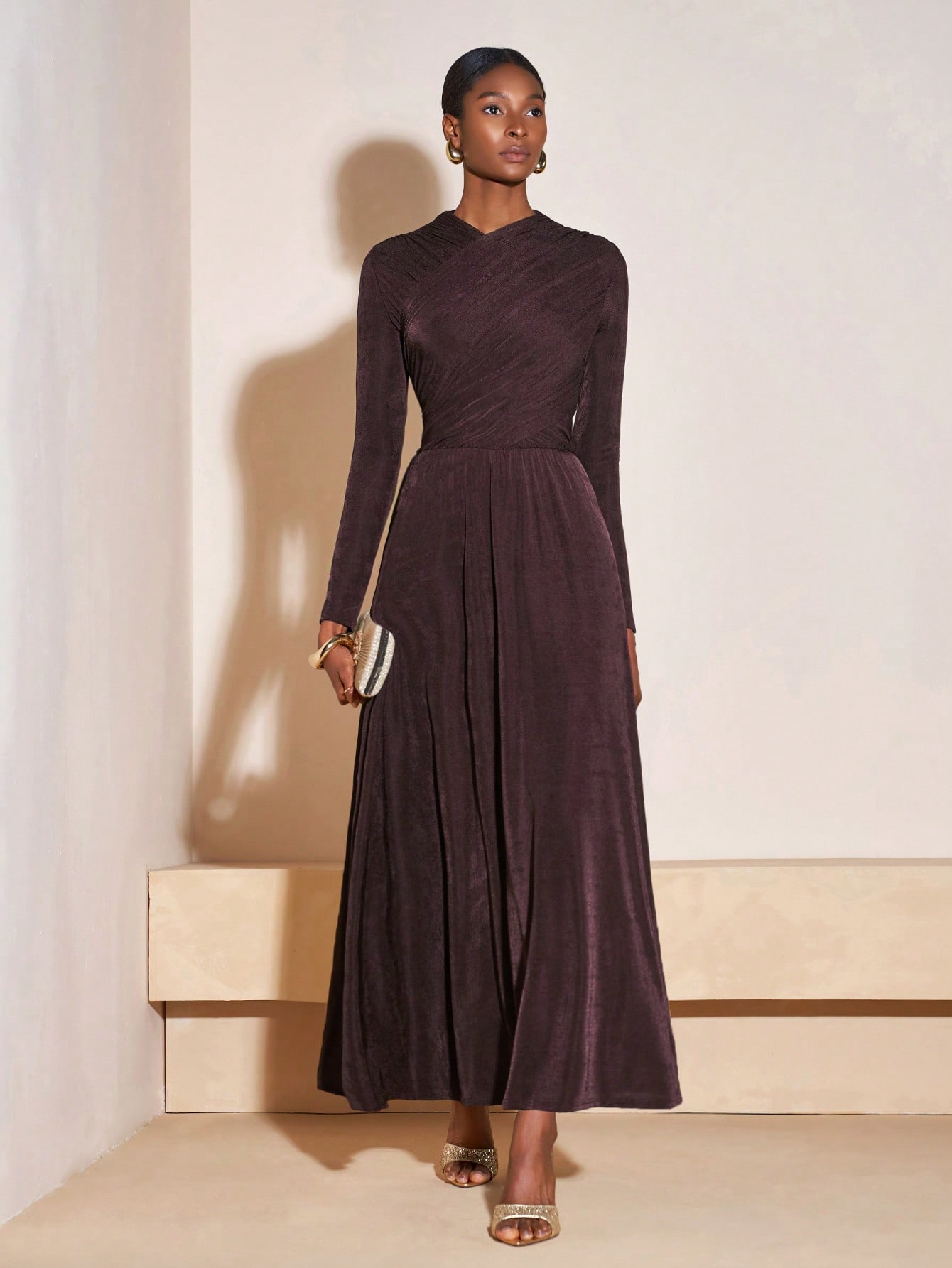 Zivah Rust Brown Elegant Autumn Long Sleeve A-Line Dress, Women's Crossover Neck Casual Dress For Dining, Music Festival & Graduation, Fall Party - Image 2