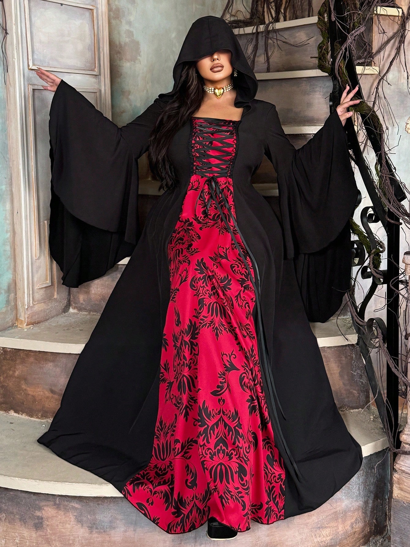 Lyrianda Plus Size Women's Vintage Punk Gothic Colorblock Flare Sleeve Hooded Printed Dress, Suitable For Parties, Halloween, Autumn/Winter Fall