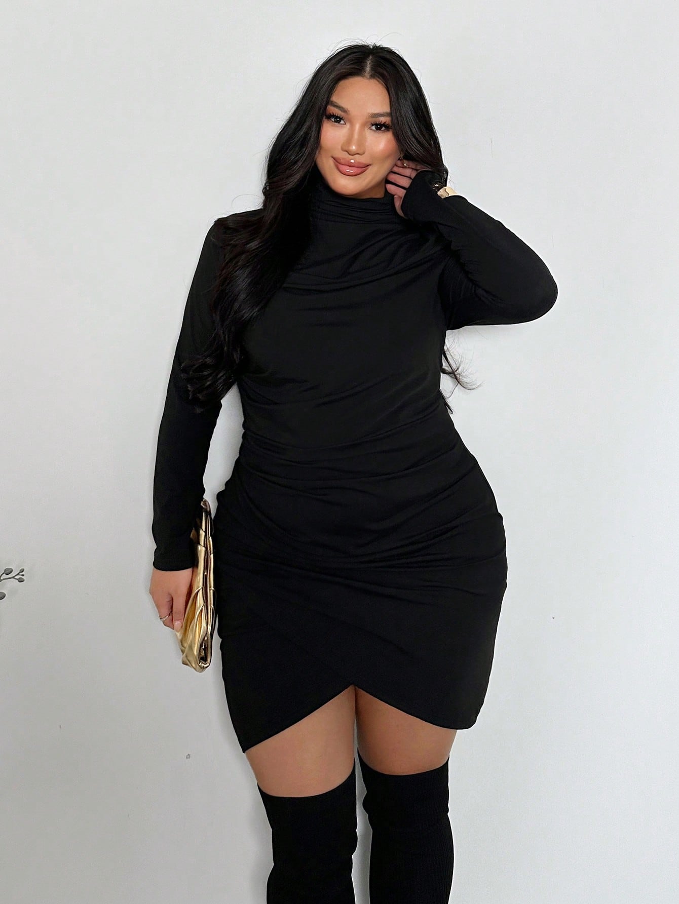 Firerie Plus Size New/Comfortable Casual Elegant Minimalist Daily High Neck Ruched Elastic Wrap Front Long Sleeve Dress For Women Spring Fall - Color 1