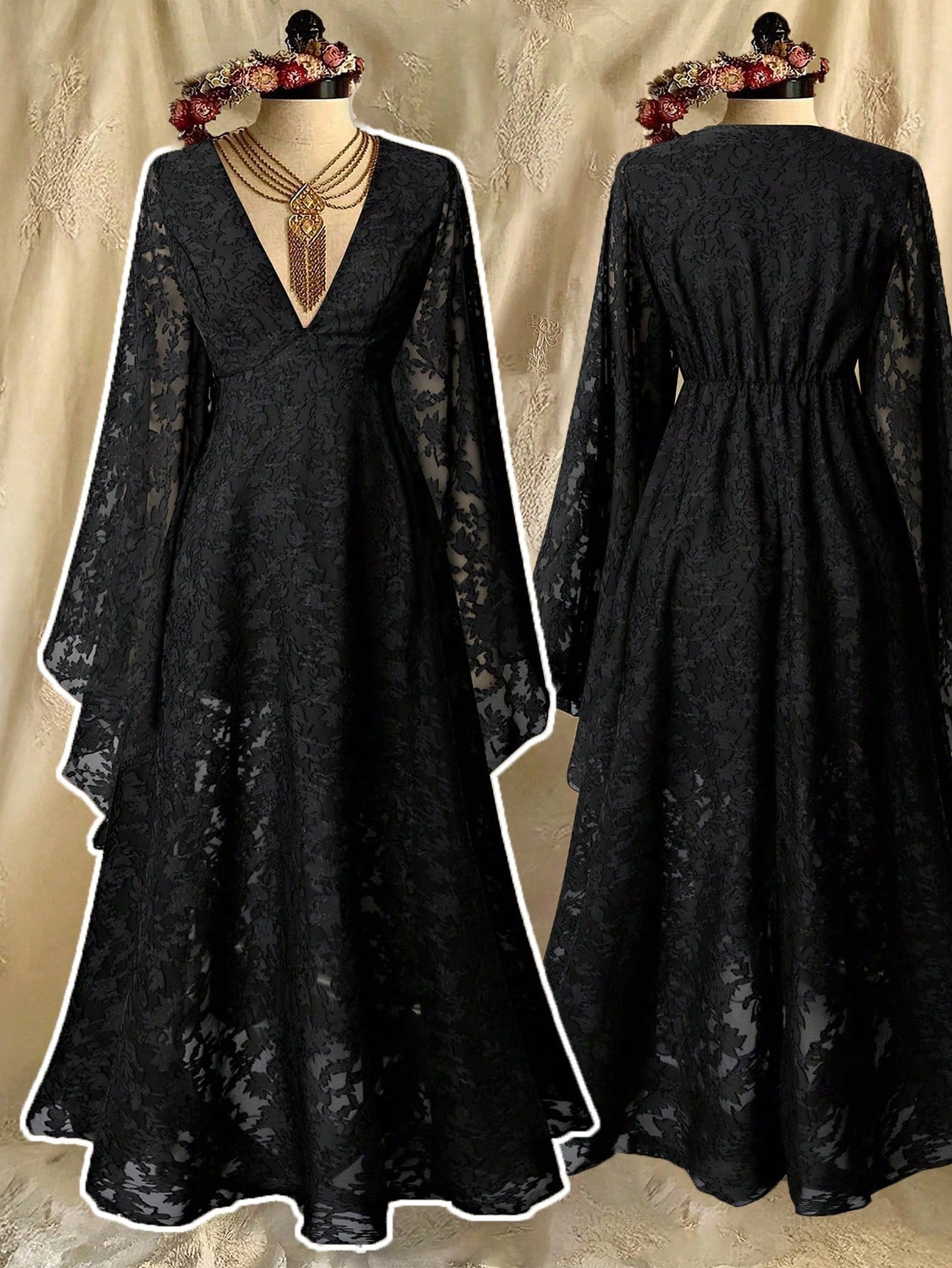 Flirla High-End Luxury French Lace Cutout Texture Fabric Dress,New Fashion Elegant V-Neck Flare Sleeve Black Winter Formal Evening Birthday Gown For Women - Color 1