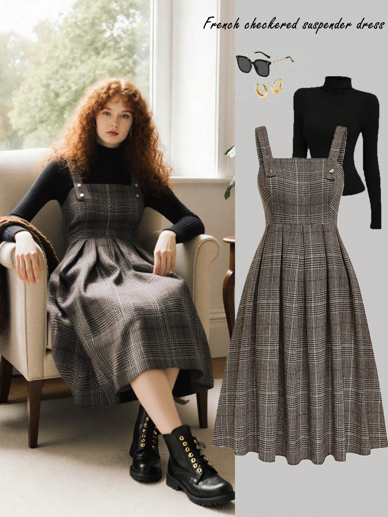 Flirla Plus Size Women French Elegant Plaid Pinafore Dress,Chocolate Brown,Autumn,Classique,School,Back-To-School,Classic Minimalist Fashion Layering Piece