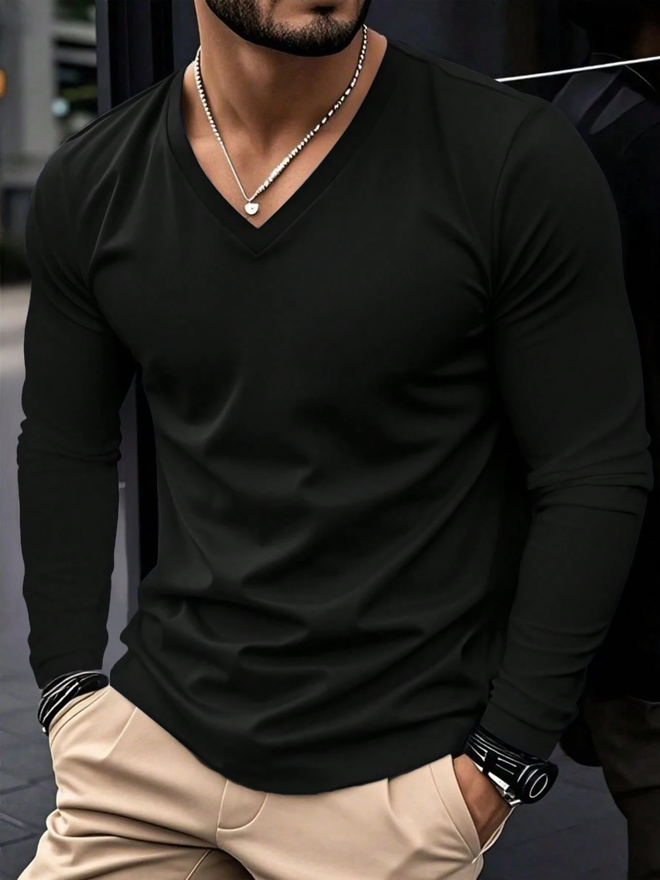 Men's Loose Fit Plus Size V-Neck Long Sleeve Lightweight T-Shirt, Casual, Fashion, Daily, Vacation, Sports, Solid Color Basic Top, Spring/Autumn