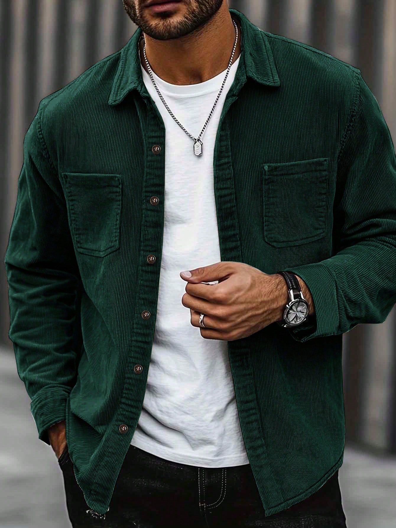 Thin Corduroy Men's Casual Shirt Jacket With Dual Patch Pockets, Minimalist Fashionable Long Sleeve Shirt For Daily Wear, Commuting And Street Style