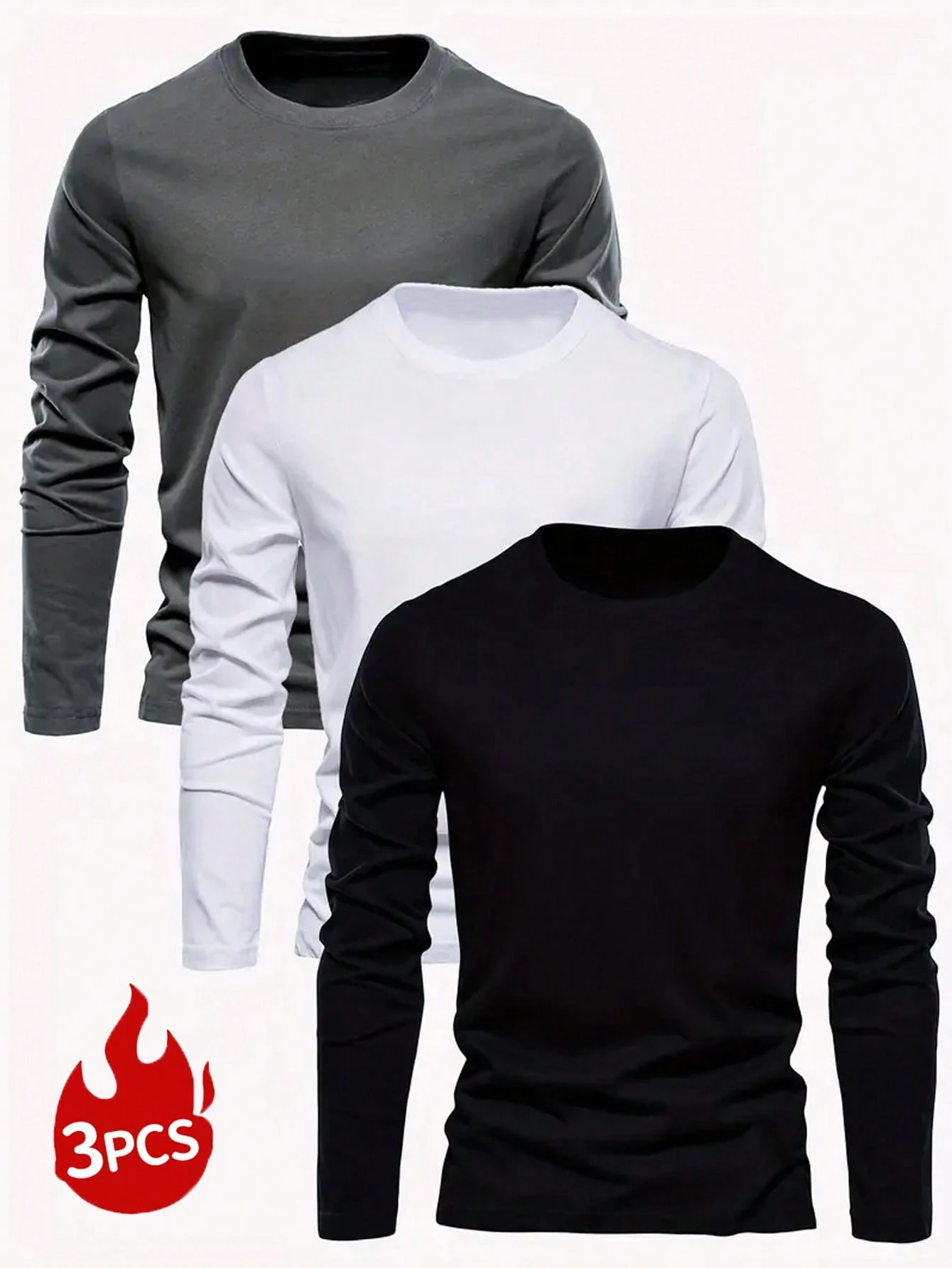 3pcs Men's Solid Color Crew Neck Long Sleeve T-Shirt, Spring/Autumn Daily Versatile Base Layer Top