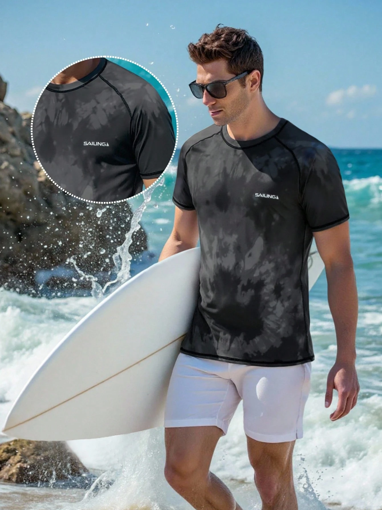 ZELFYO Men's Summer Beach Tie-Dye Raglan Sleeve Rash Guard Surf Swim Shirt Men Beach Tops For Men, Holiday