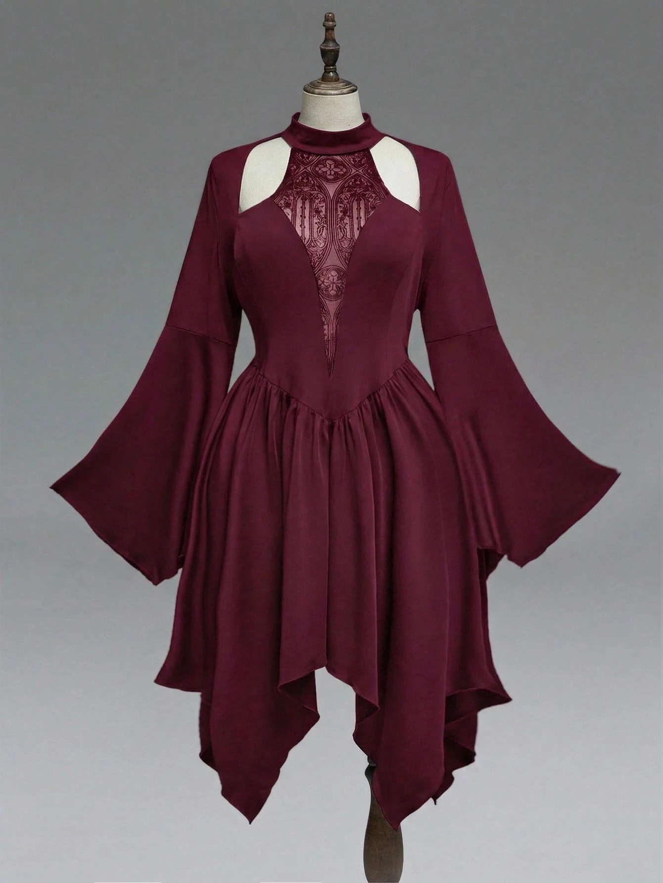 ROMWE Gothic Style Off-Shoulder Mesh Castle Flocked Patchwork Deep V-Neck Flare Sleeve Asymmetric Hem Plus Size Dress