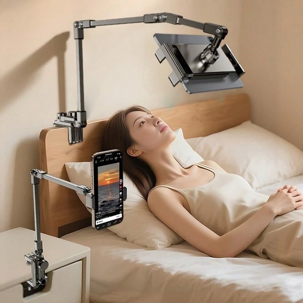 Adjustable Tablet Stand Phone Bracket Multi Angle Slouchy Tablet Bracket Lying Down Desk Bedside Rotatable Foldable 3 Sections Arms Sturdy - Black