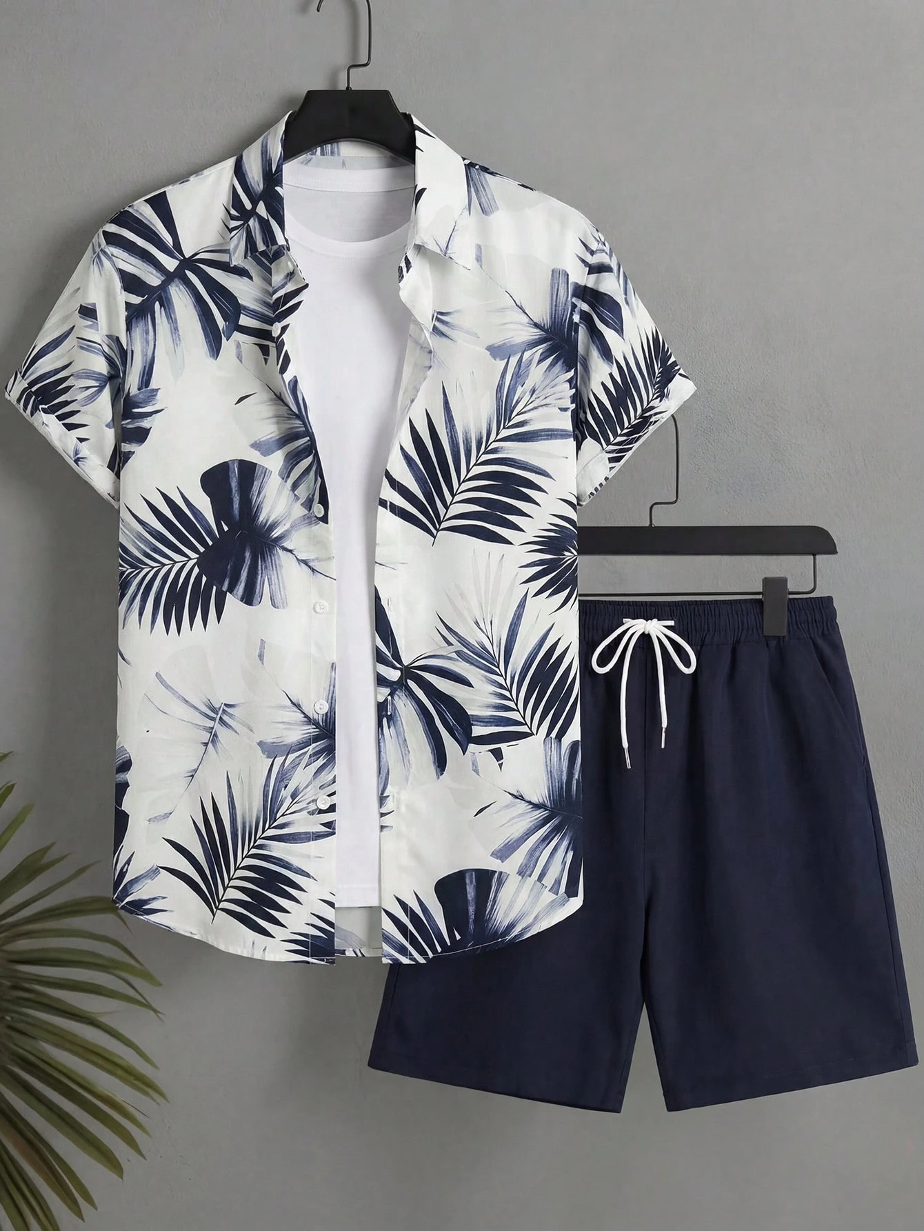 Surfspeed Men's Vacation Casual Plant Print Shirt And Shorts Set, Holiday