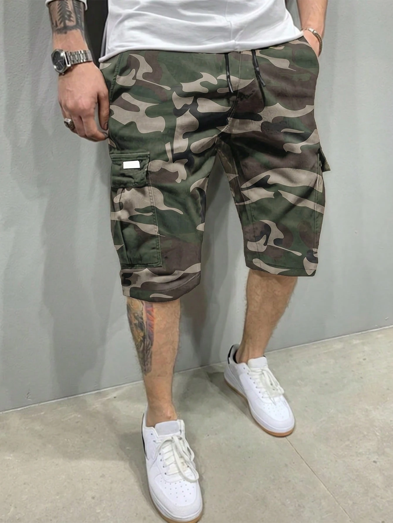 Classic Design Cargo Shorts, Men's Printed Casual Multi-Pocket Drawstring Waist Cargo Camo Shorts, Suitable For Summer Outdoor Wear
