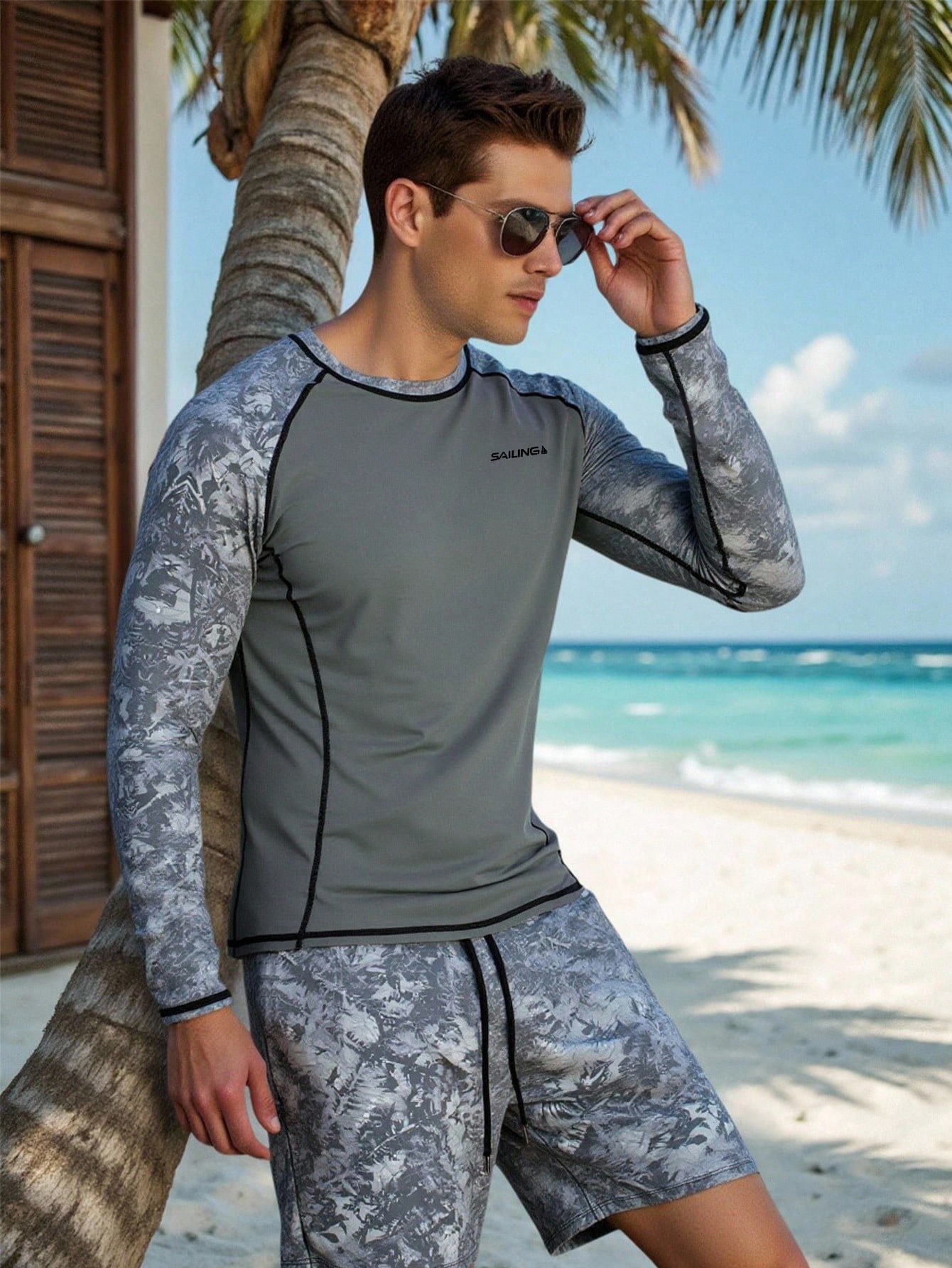 Naviga Onda Men's Graphic Print Long Sleeve Rash Guard And Drawstring Waist Swim Shorts 2 Pieces Set, Soft Summer Color Palette, Summer, Casual, Beach, Holiday, Vacation