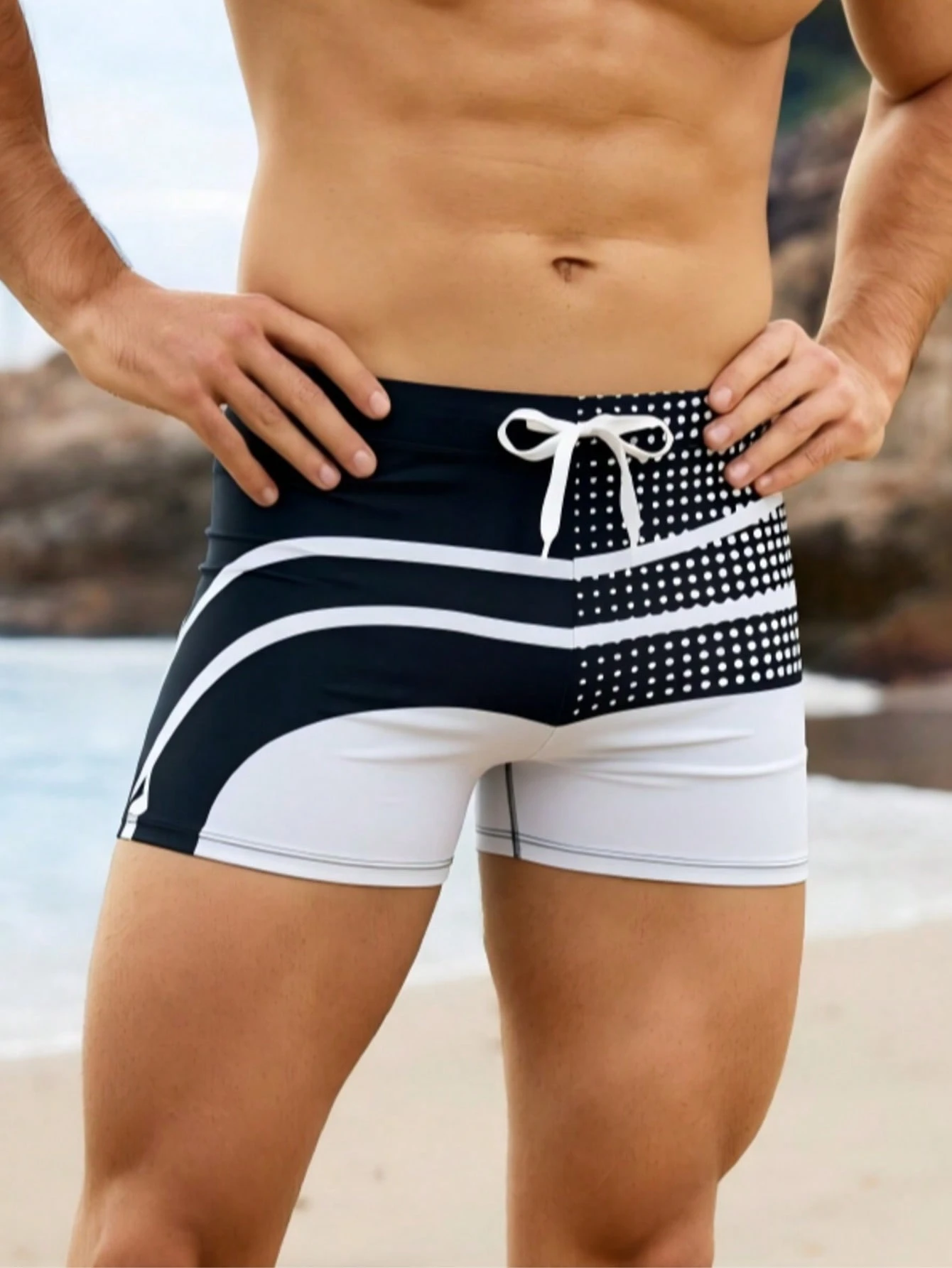 European & American Men's Vacation Swim Trunks, Black & White Wave Print Drawstring Swim Shorts, Suitable For Beach & Pool