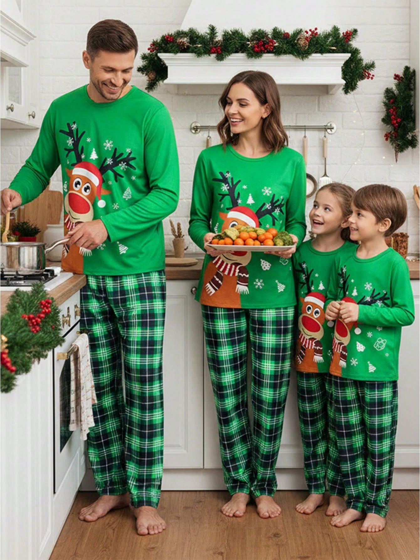 Christmas Pajamas For Family, Long Sleeve Deer Tops + Plaid Pants Set For Adults, Kid, Baby, Dog - Green