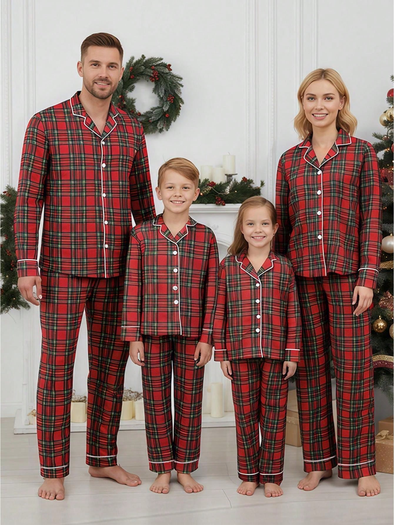 Family Christmas Pajamas Matching Sets Plaid Tops And Elastic Waist Pants Baby Romper Loungewear - Red
