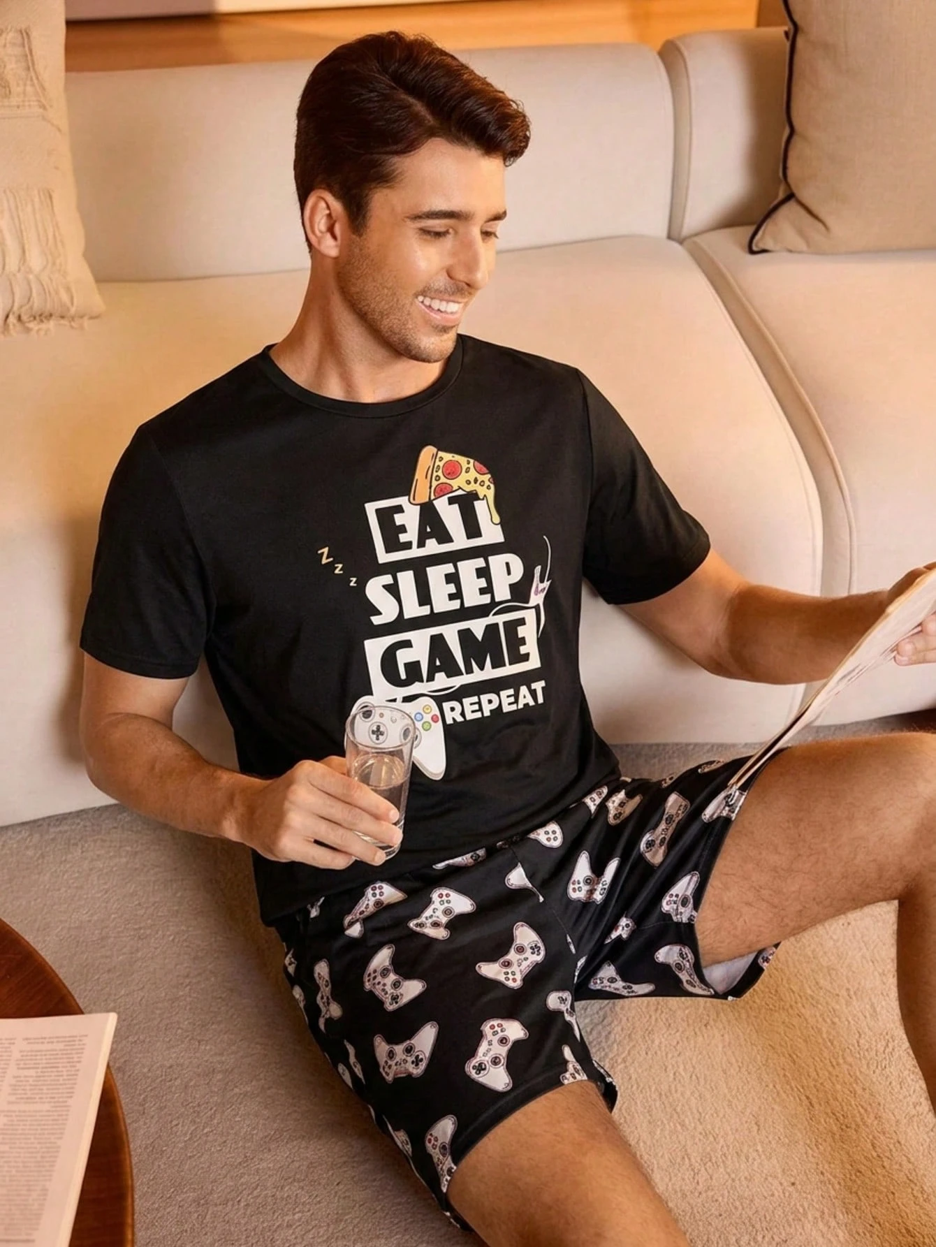Men's Game Controller Print Pajama Set, Short Sleeve Top And Shorts