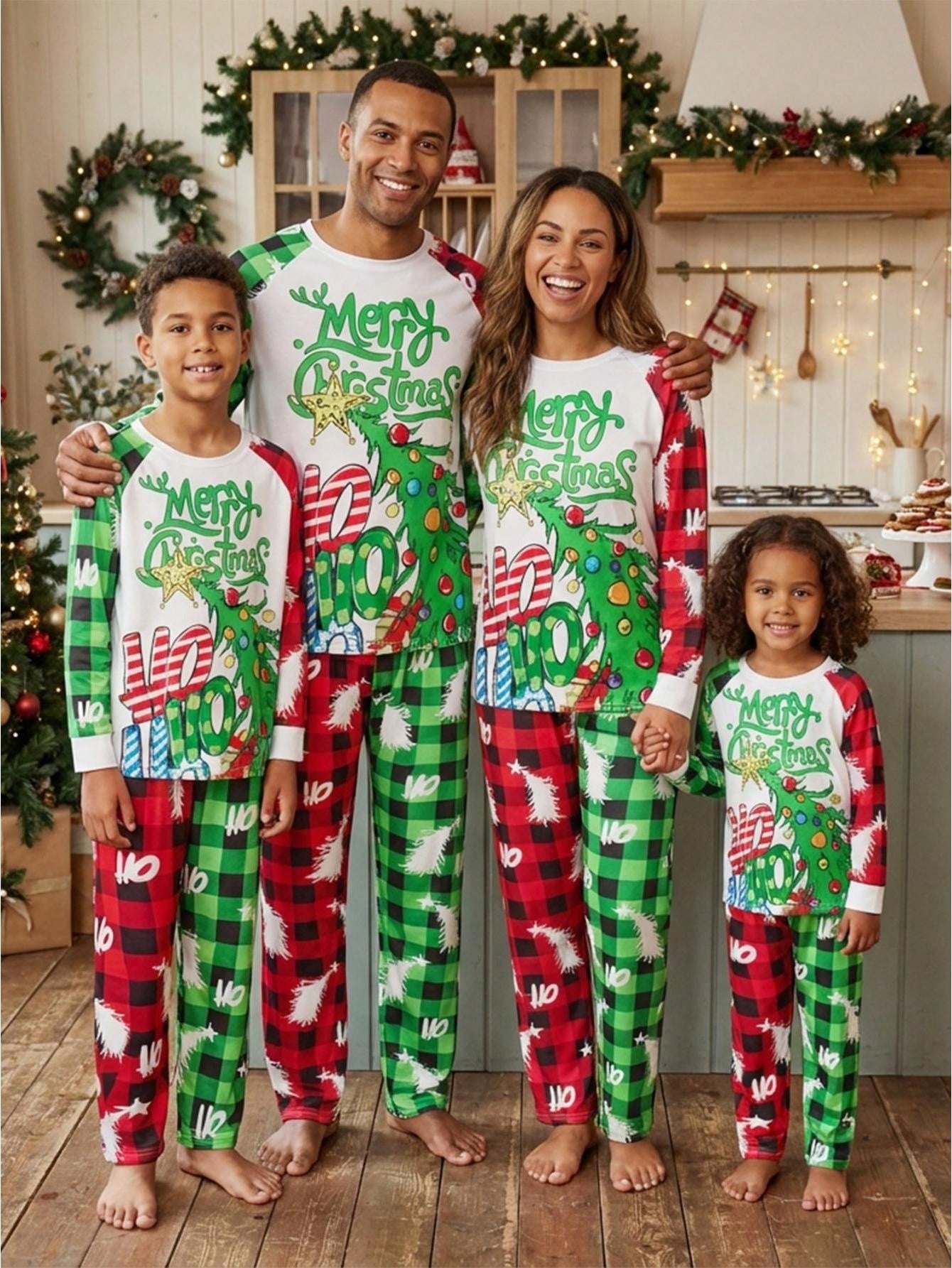ChildChristmas Family Pajamas Matching Set, Long Sleeve Tree Letters Print T-Shirt With Plaid Pants Sleepwear Loungewear - Green