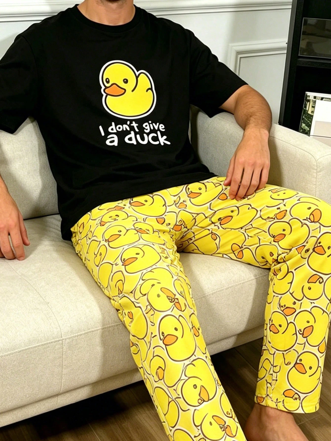 Men's Thin Spring/Summer Pajama Set, Round Neck Short Sleeve Top And Long Pants With Little Duck Print, Casual Comfortable Loungewear Outfit - Multicolor