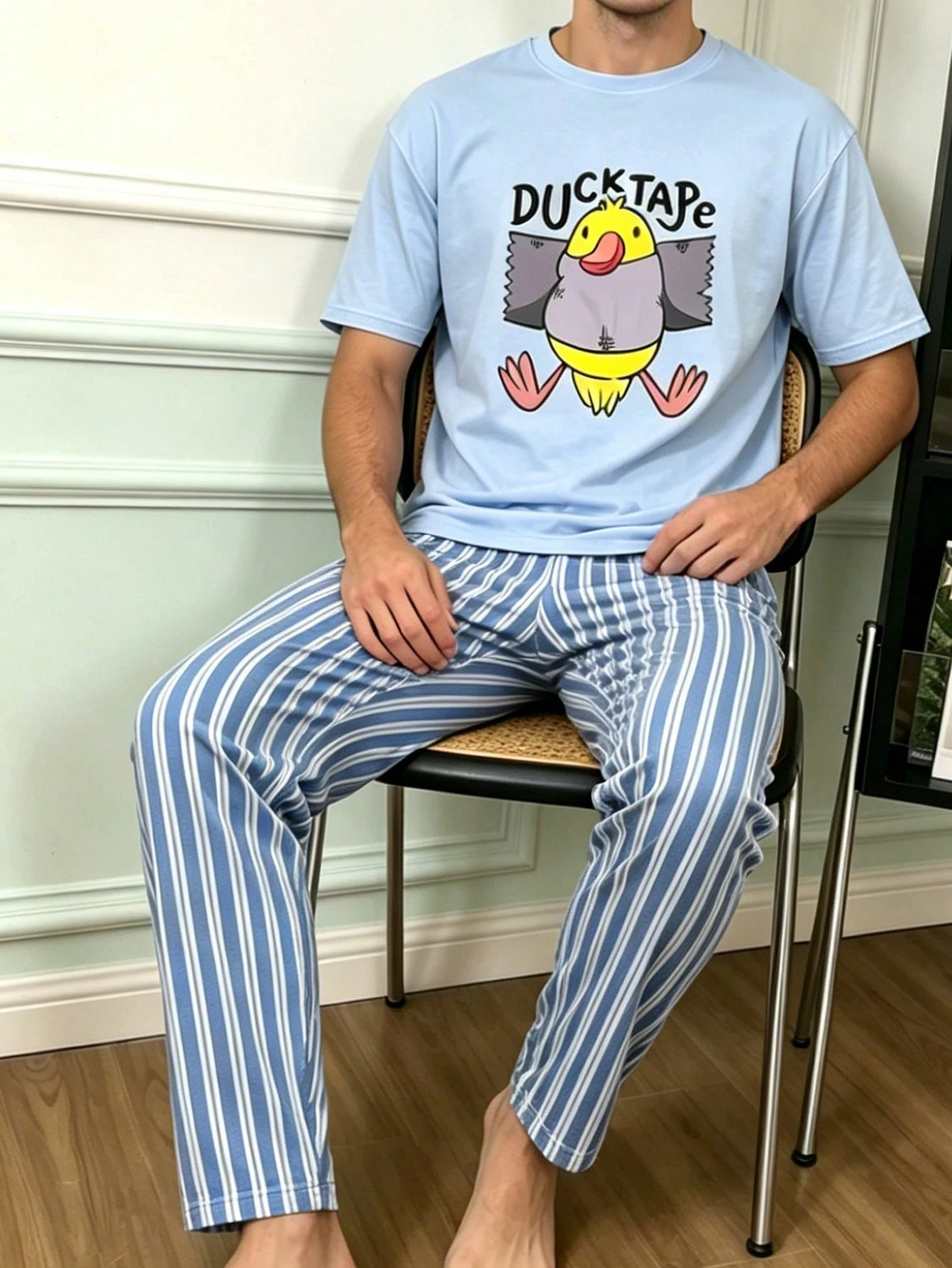 Men's Pajama Set With Round Neck, Cartoon Chick Print, Short Sleeve, Striped Long Pants, Cute And Funny Lazy Homewear