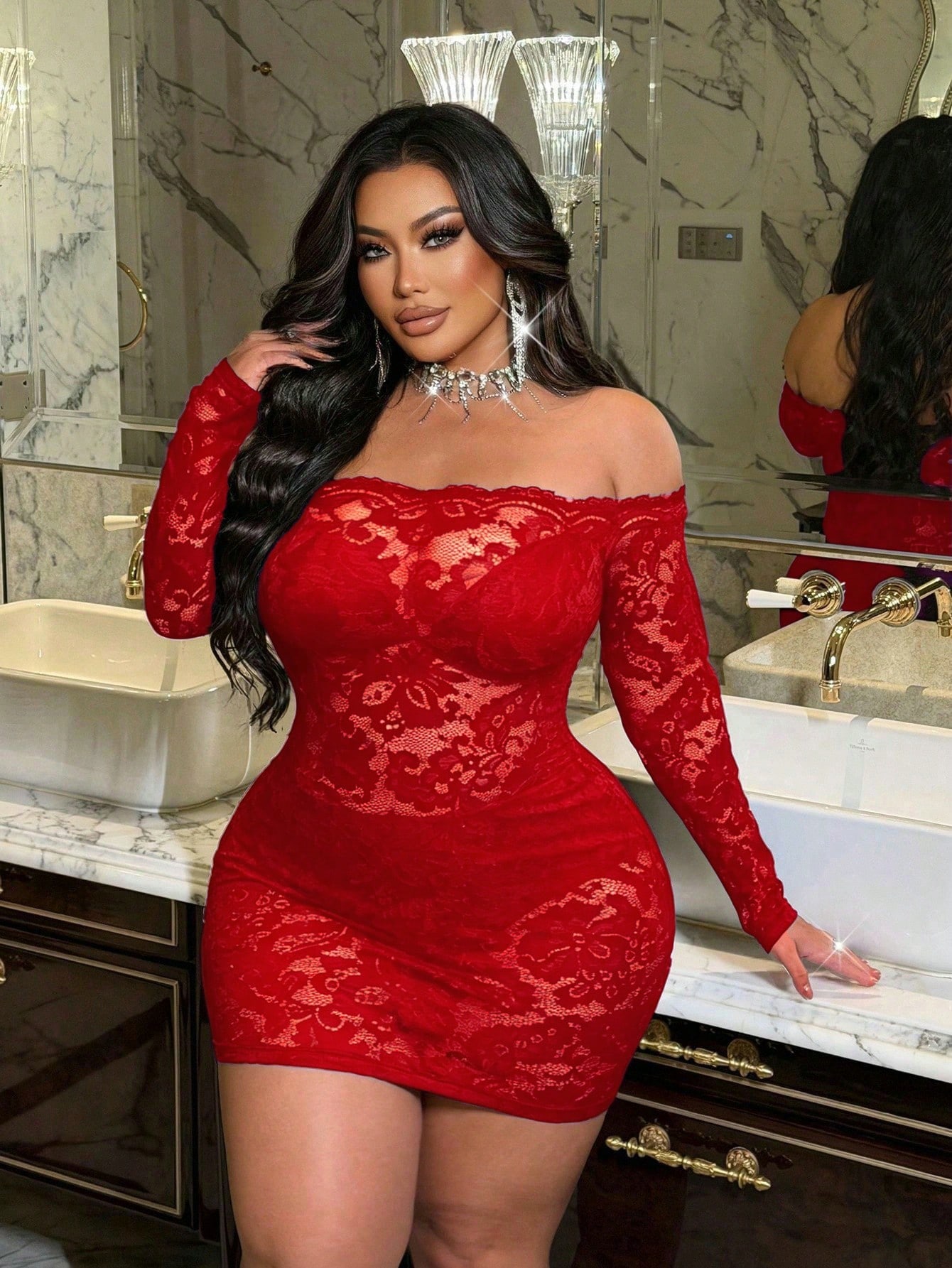 NU&NOW Plus Size Lace Sexy Elegant Sheer Floral Trim Off Shoulder Long Sleeve Dress Fall New Year Party Club Navy Blue