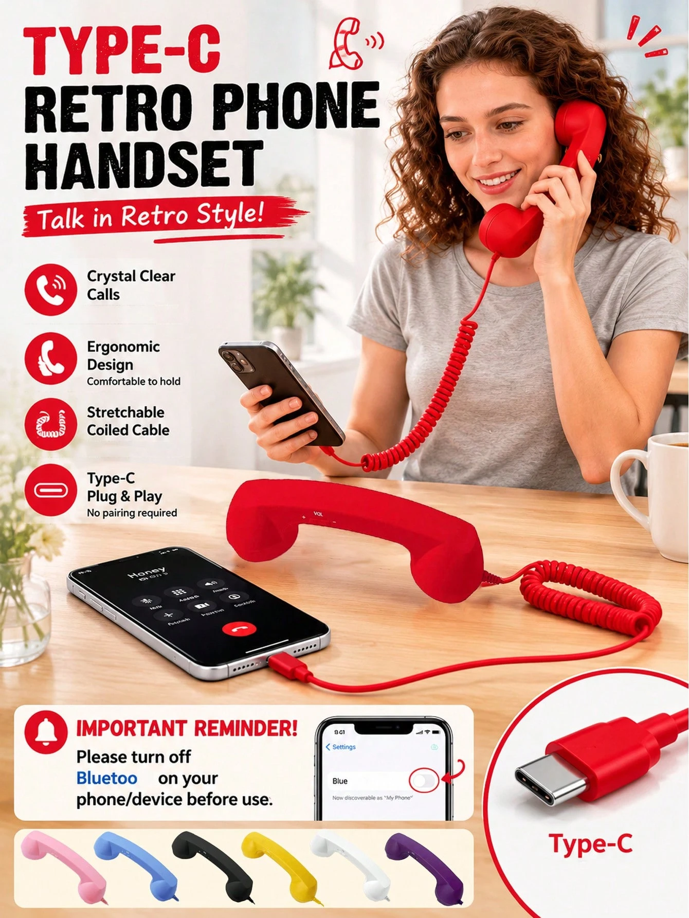 Retro Phone Handset For Type-C Devices Vintage Style Cell Phone Handset With Volume Control & Mic, Noise Reduction Wired Landline Handle Handset For Mobile Video Conferences,Calls,Meetings - Type C