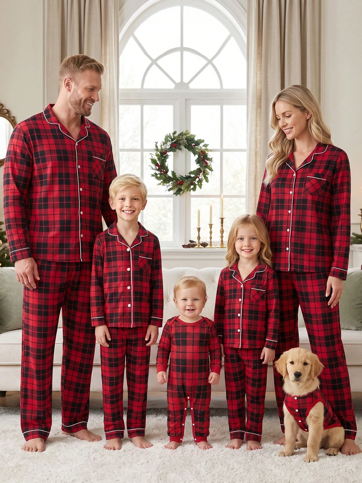 Family Matching Christmas Pajamas Plaid Long Sleeve Lapel Tops Pants Romper - Red