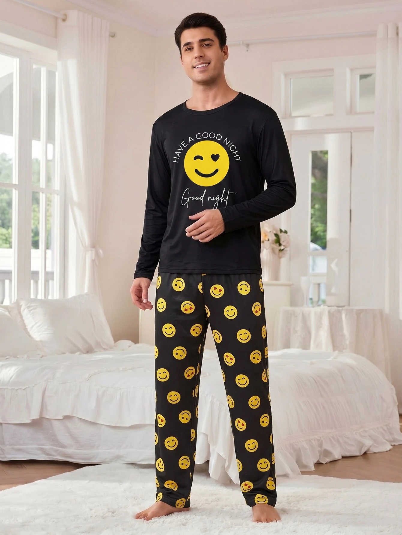 Men's Fun Home Set - Letter Smiling Face Long Sleeve T-Shirt + Yellow Smiling Face Pattern Pants, Casual 2 Pieces Pajama Set, Perfect For Relaxation