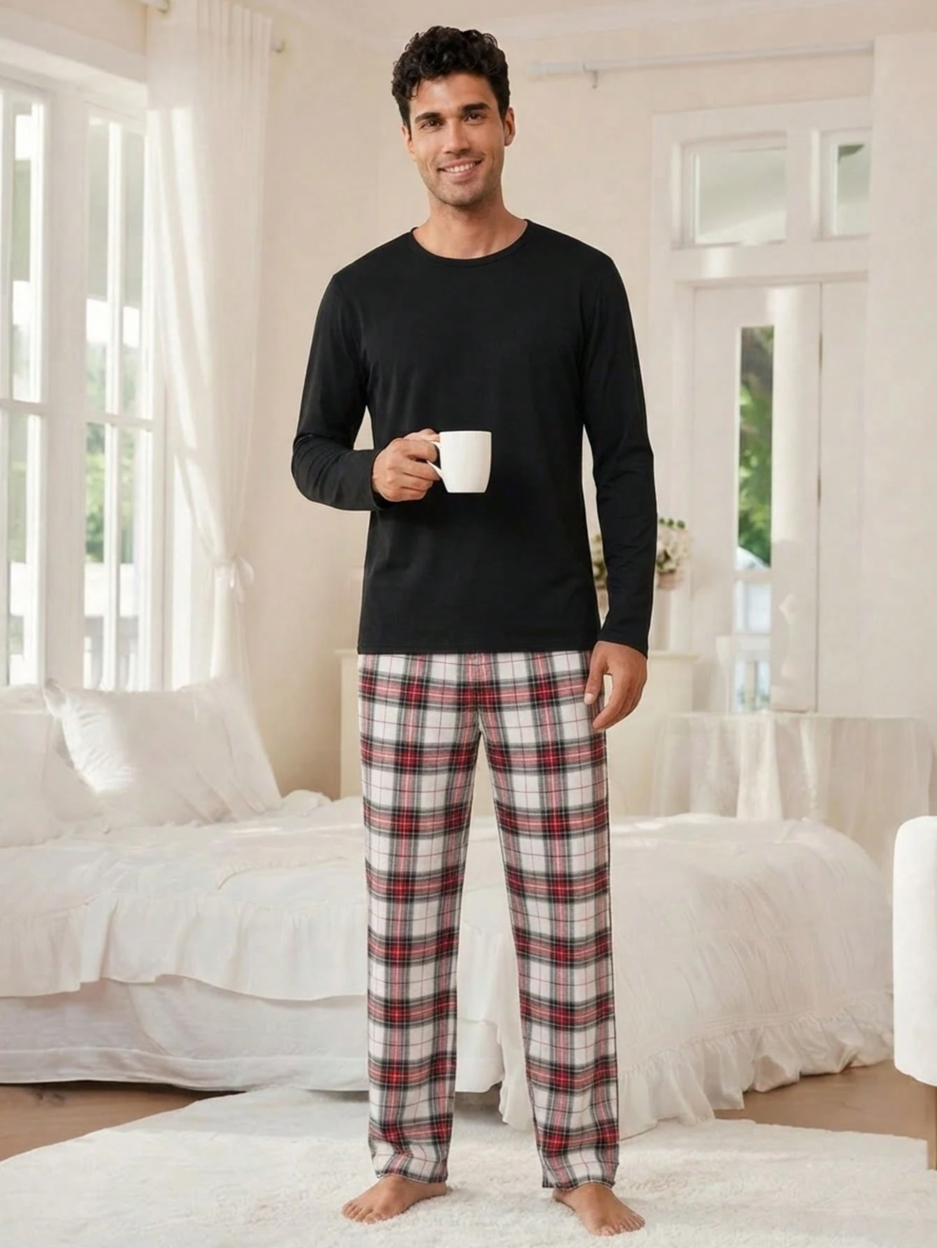 Men's Pajama Set, Black Long Sleeve Top + Red & White Plaid Long Pants 2 Pieces Set, Suitable For Home Leisure And Bedtime Wear, Providing You With Ultimate Relaxation Experience