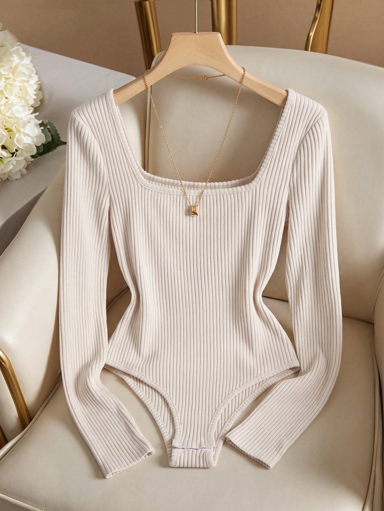 LUNE Autumn‑Winter Women Solid Ribbed Square Neck Long‑Sleeve Bodysuit, Slim‑Fit Stretchy Knit Warm Versatile Layering Base Top - Image 2