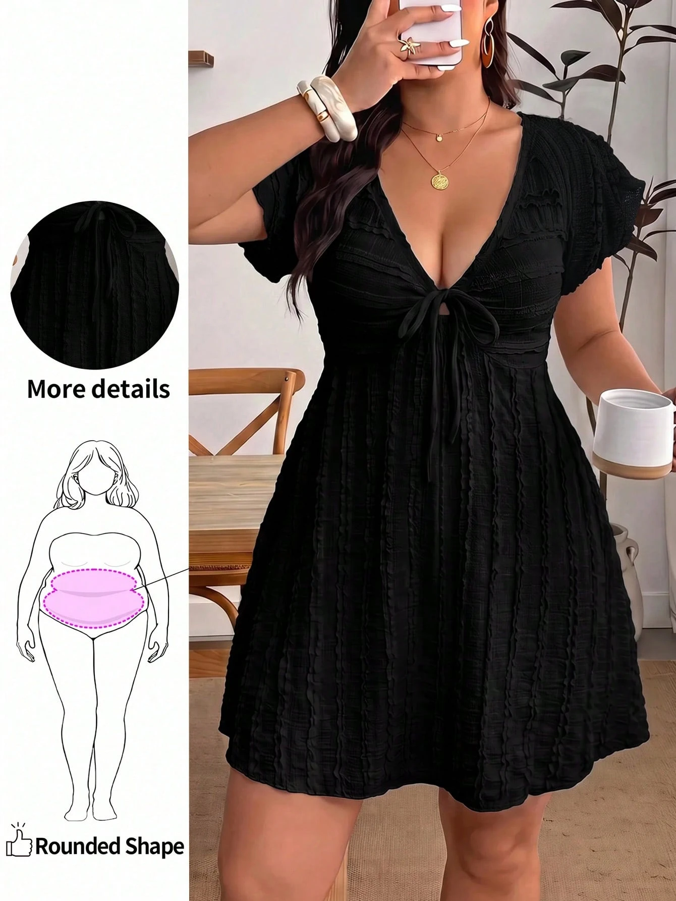 Enliva Plus Size Women's Jacquard Shirt Dress, Casual Women's Flared Sleeve Dress, Ruffle Sleeve Dress, Casual Young Women's Summer Dress, Casual Women's Dress, Tie-Front Short Sleeve Shirt Dress, Summer Women's Dress, Elegant Summer Women's Dress - Color 3