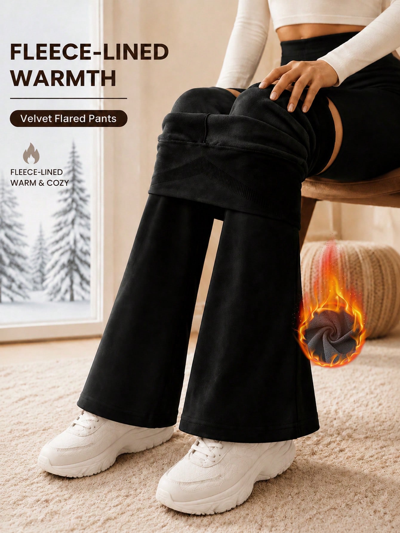 Women Warm Winter Pants High Waist Thermal Leggings High Elastic Fleece Leggings Bell Bottom Seamless Flared Pants Trousers Casual Outdoor Halloween - Image 2